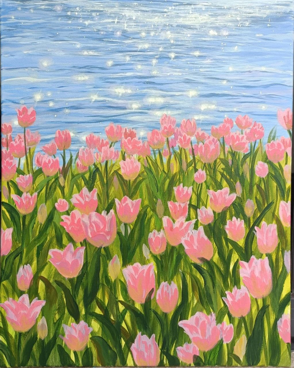 手绘丙烯画/郁金香花海/步骤图 尺寸:40*50cm 阴雨绵绵的冬天,画春日