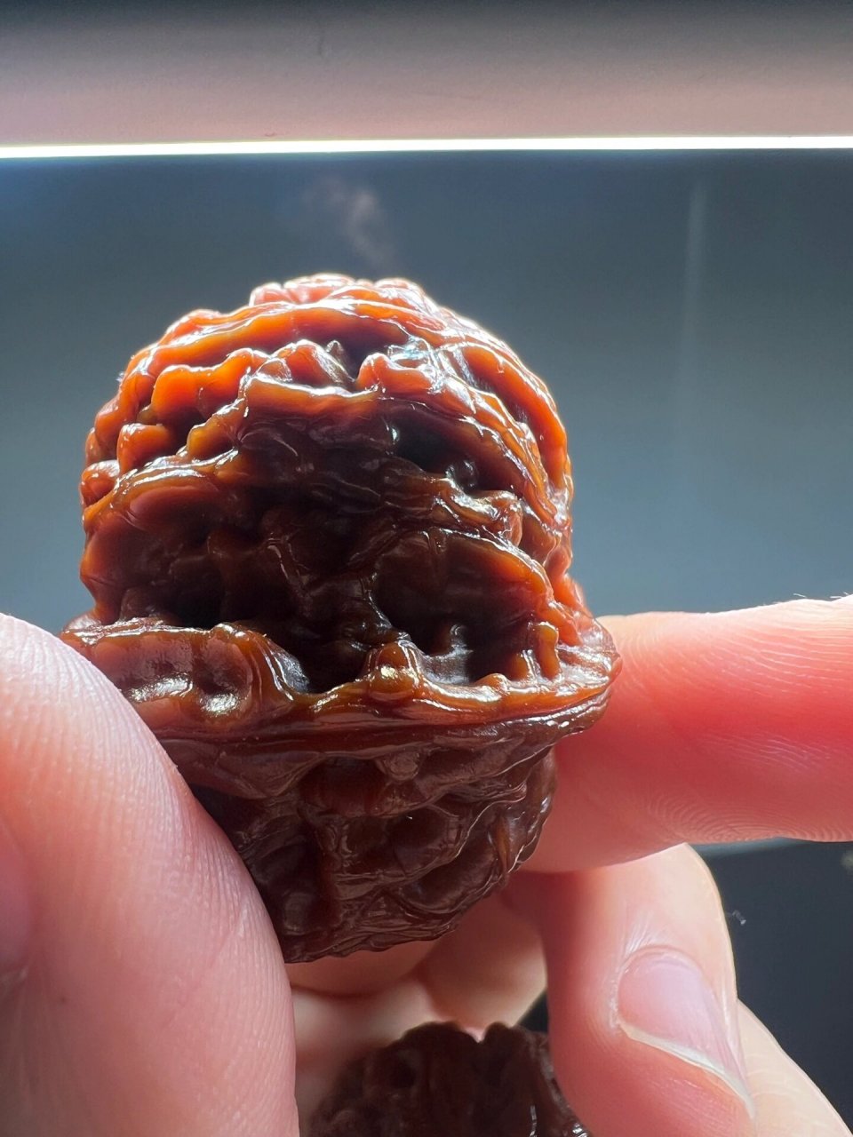 几乎一整个透光 颜色深红 仁已经细碎沙化了 一点色差没有 有没有表示