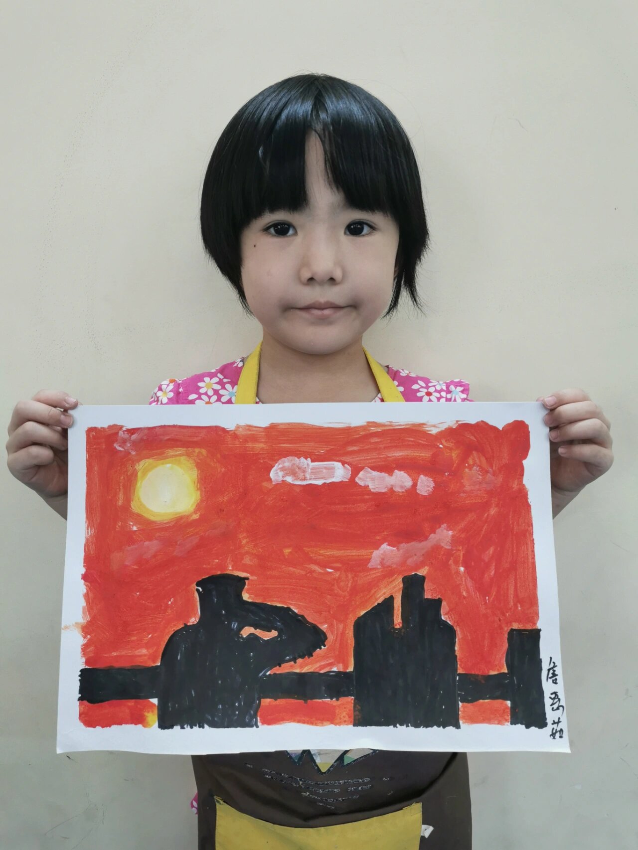 创意丙烯画《夕阳下的解放军叔叔》