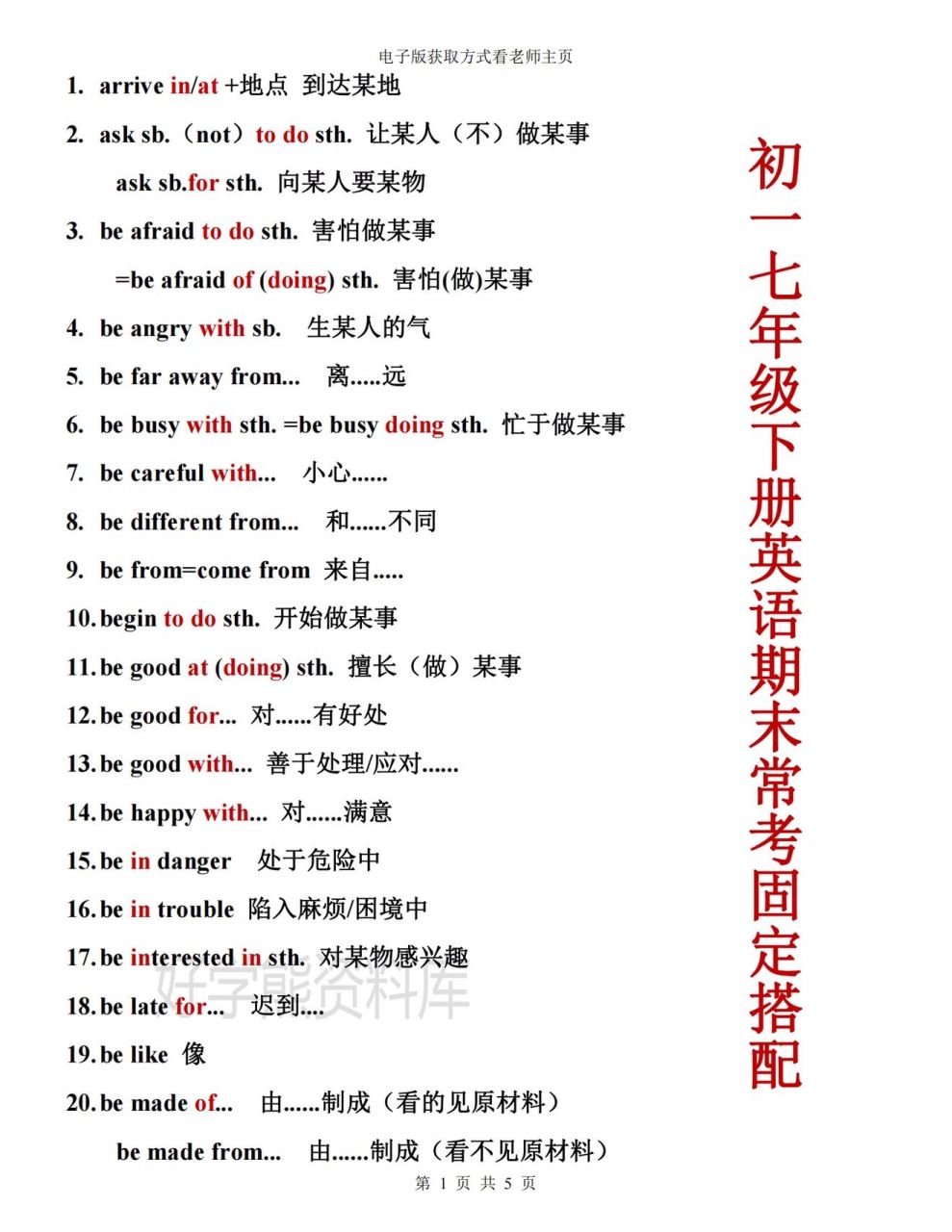 人教版七年级下册英语期末常考固定搭配汇总 人教版七年级下册英语