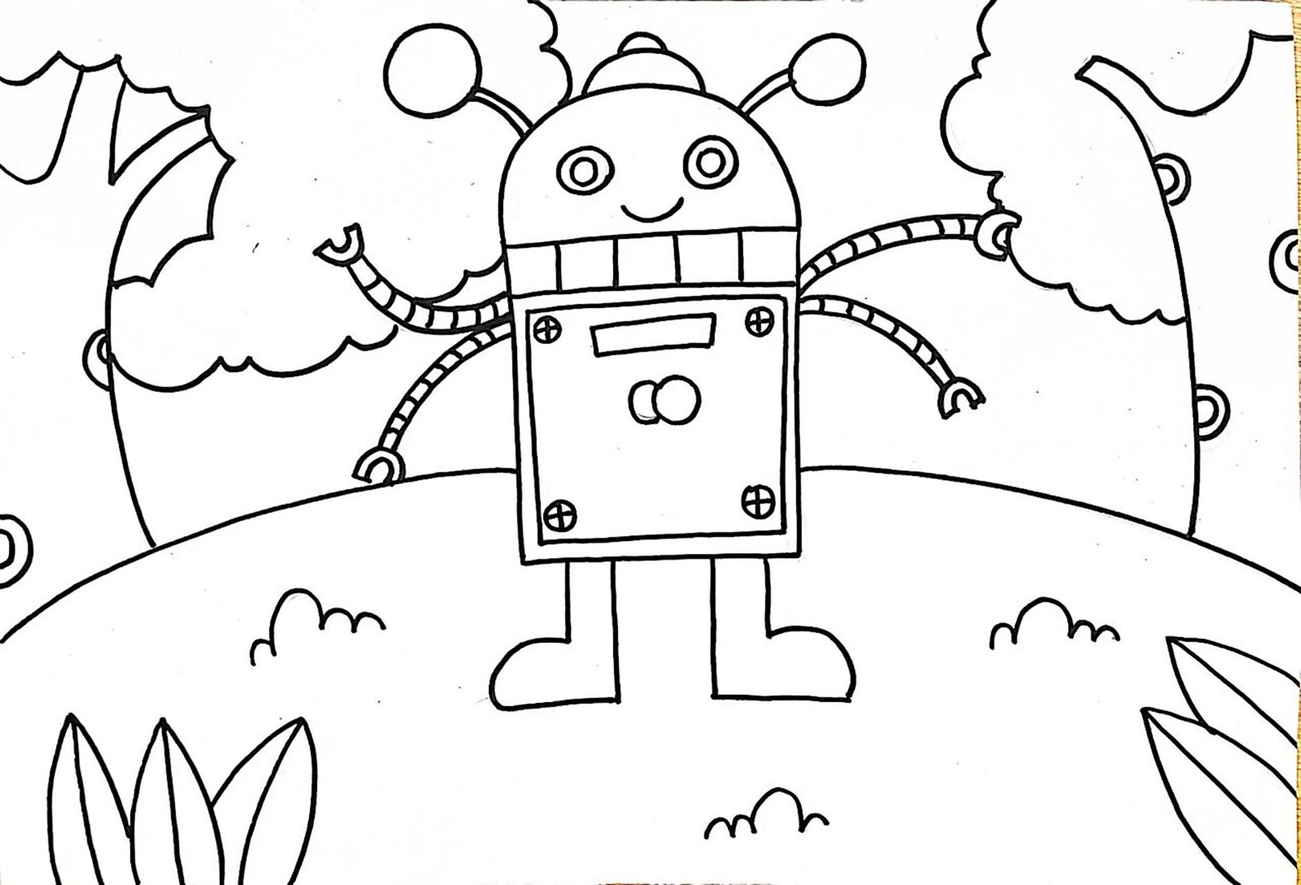 机器人线描儿童画 机器人儿童画步骤图,适合4-6岁儿童#简笔画# #创意