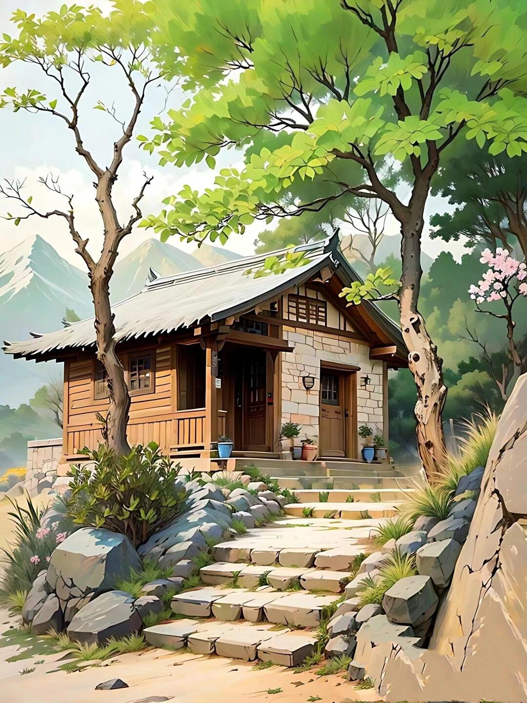 线描速写乡村风景