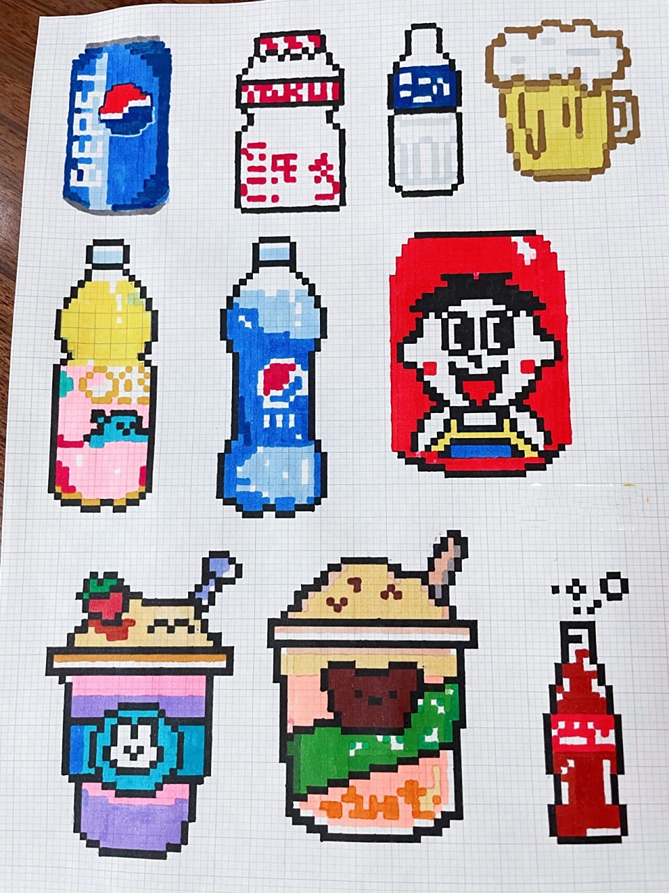 像素画临摹39 各种饮料合集 笔:touch mark动漫油性80色 本子:a4网格