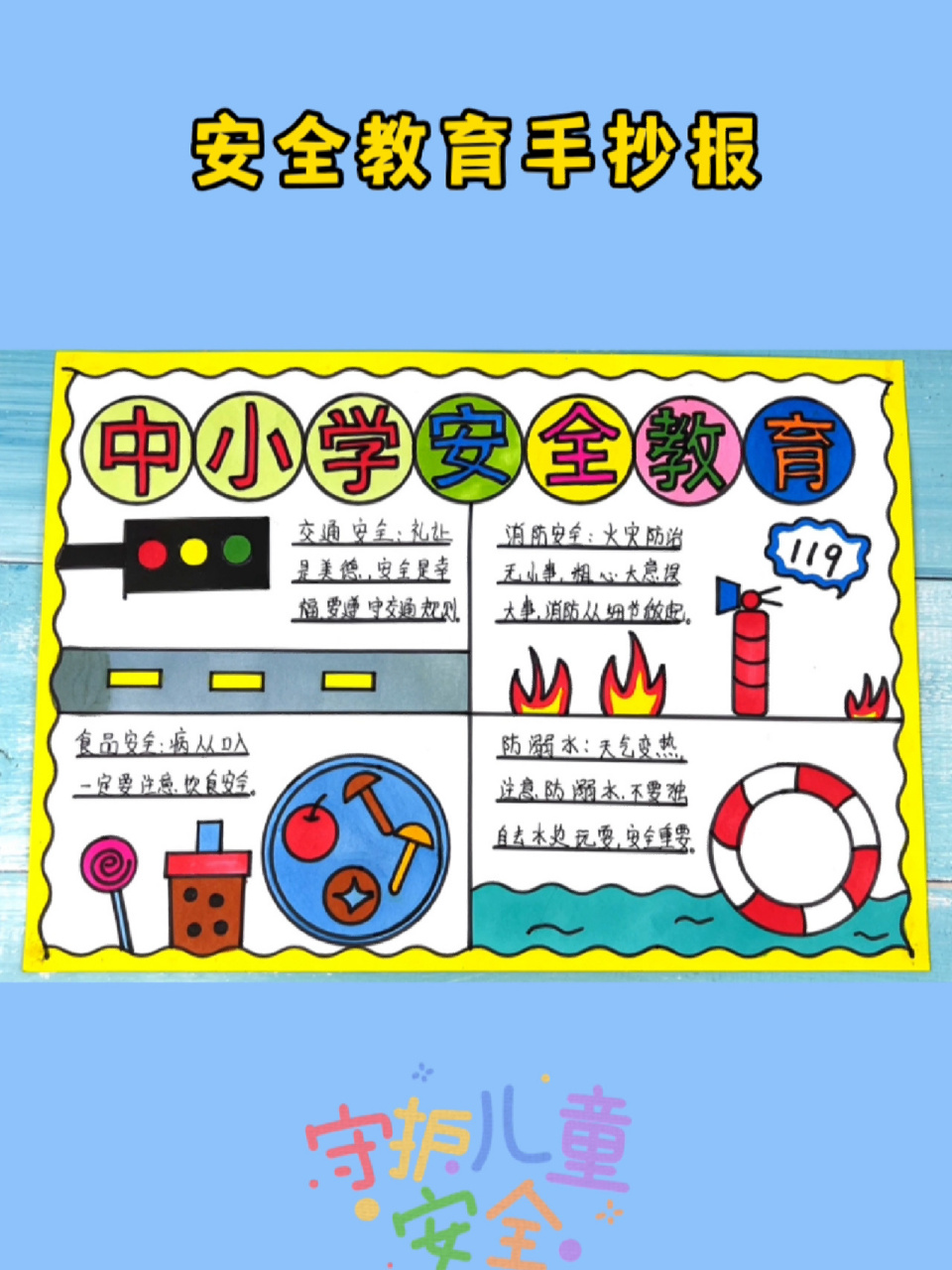 中小学安全教育手抄报线稿 中小学安全教育手抄报模板,含文字内容可