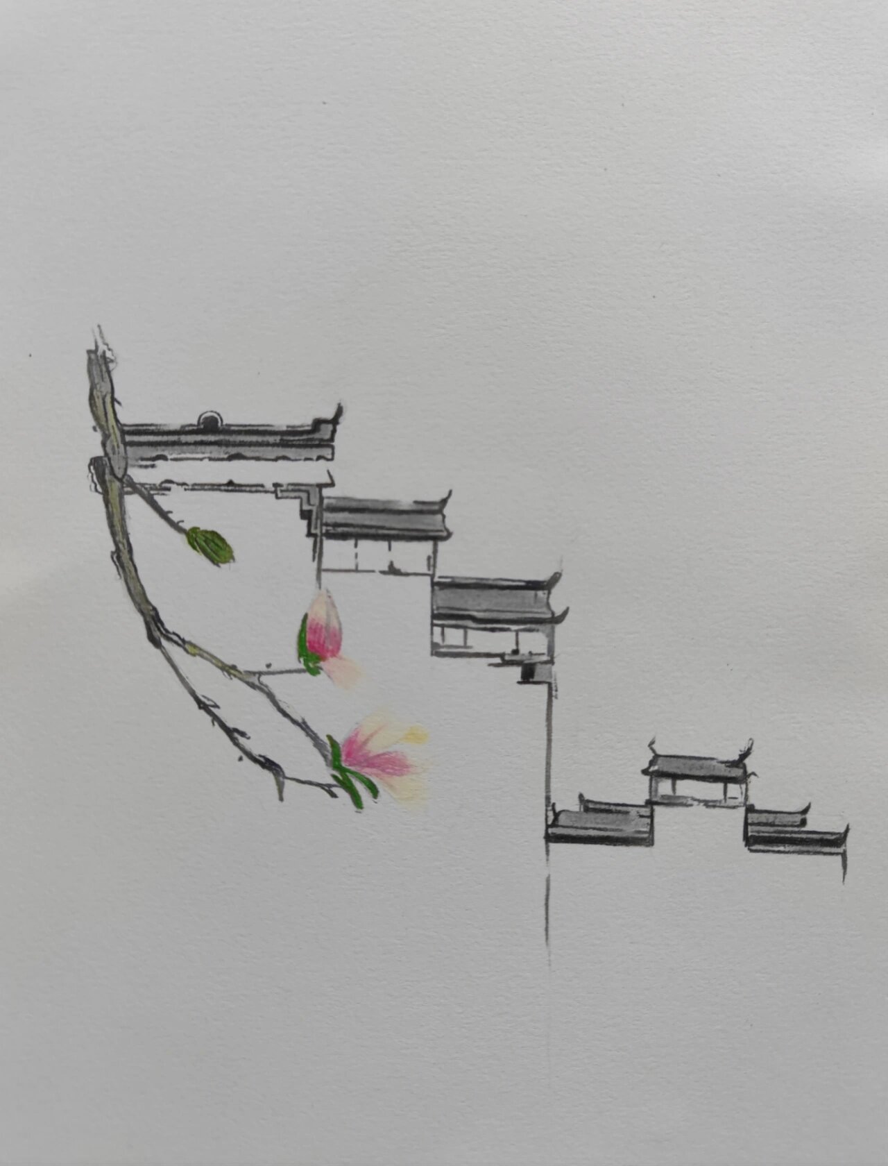 彩铅画 江南建筑