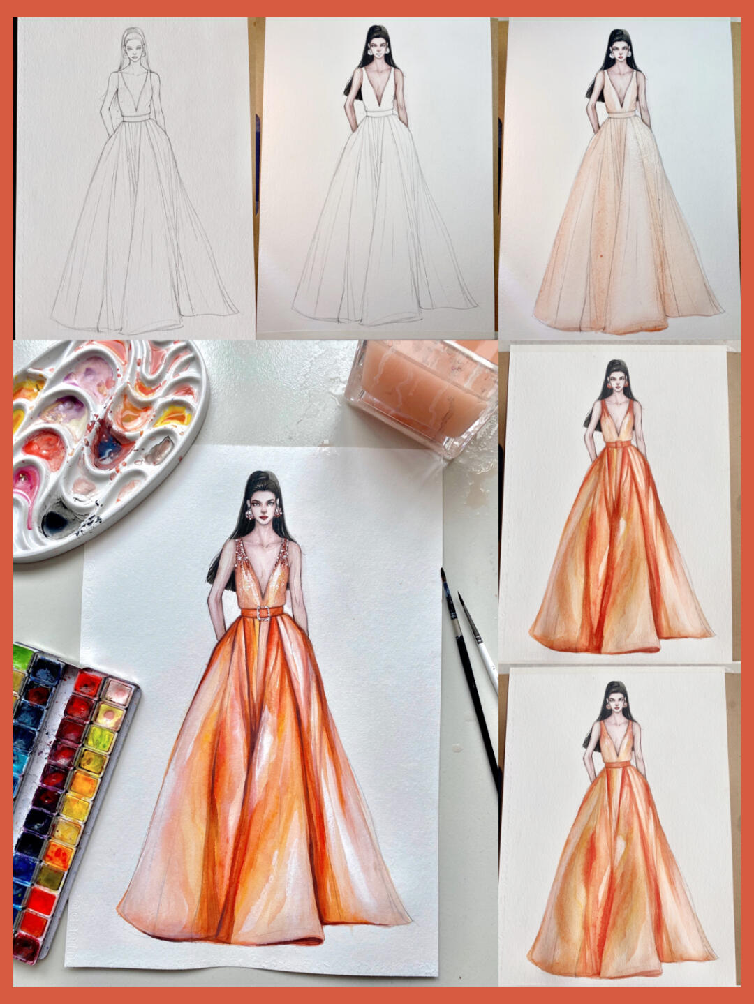—水彩时装画礼服绘制过程✨✨