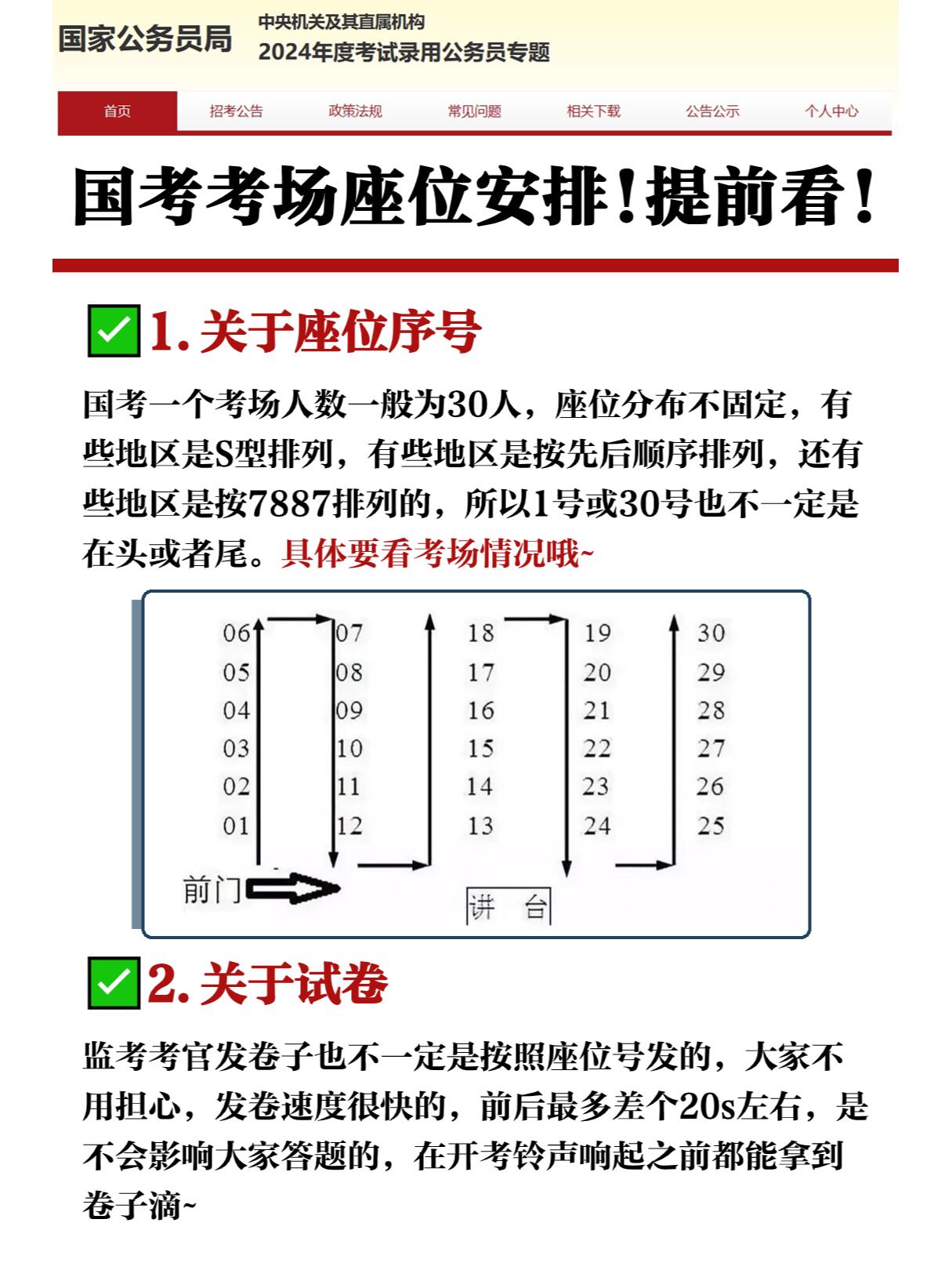 国考一个考场人数一般为30人,座位分布不固定,有些地区是s型排列佑 