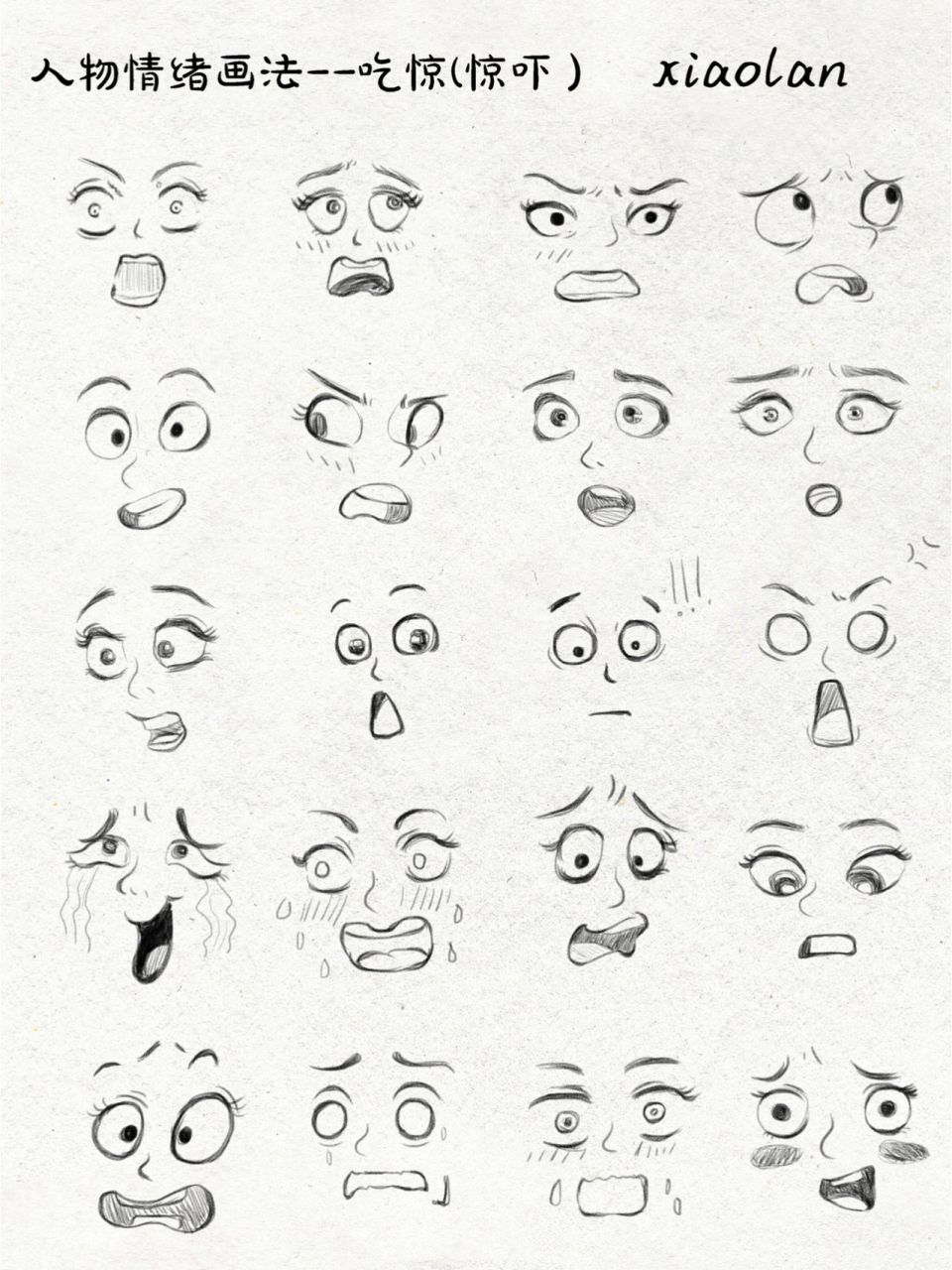 人物情绪画法2(吃惊,惊吓) 我总结了一下表情的画法,正面,侧面,3/4面