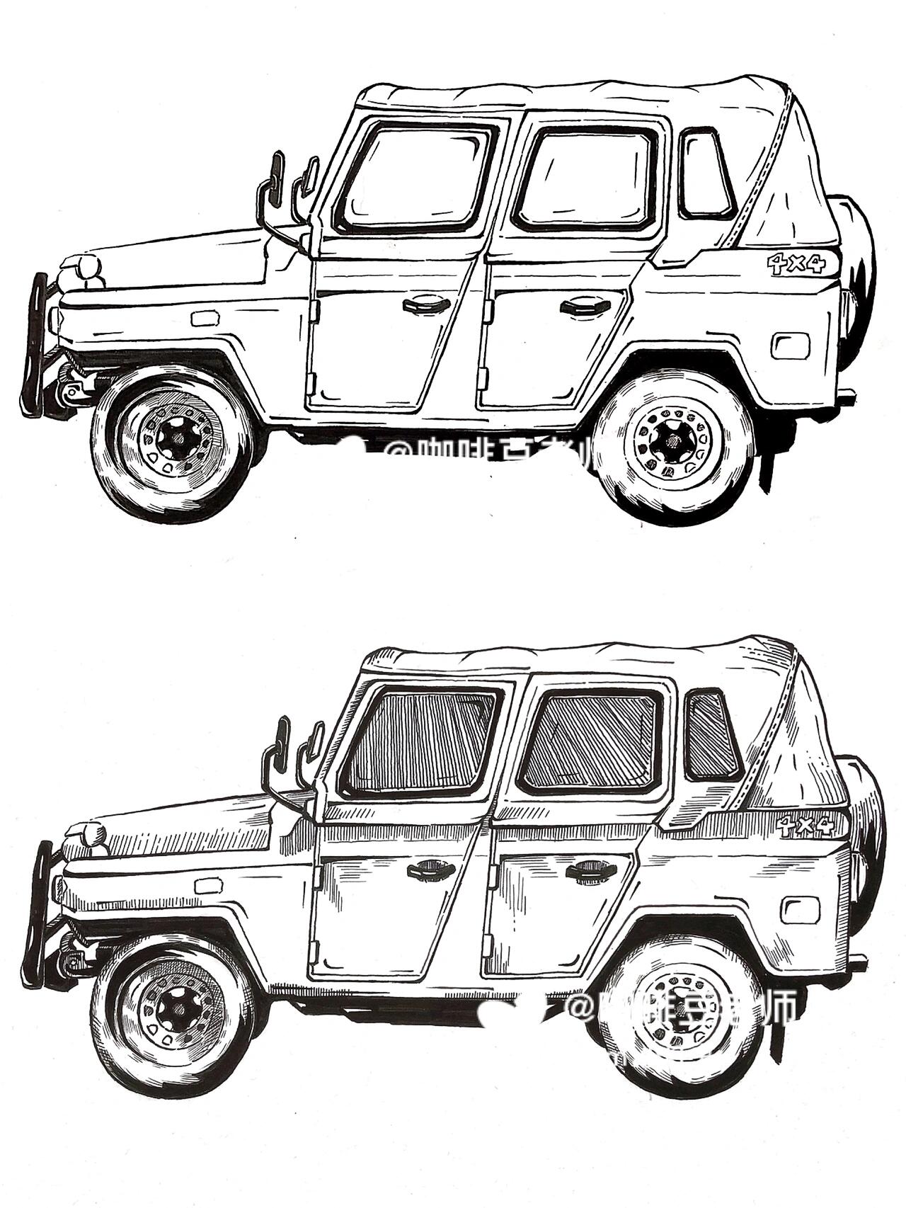 交通工具绘画吉普车线描手绘美术临摹