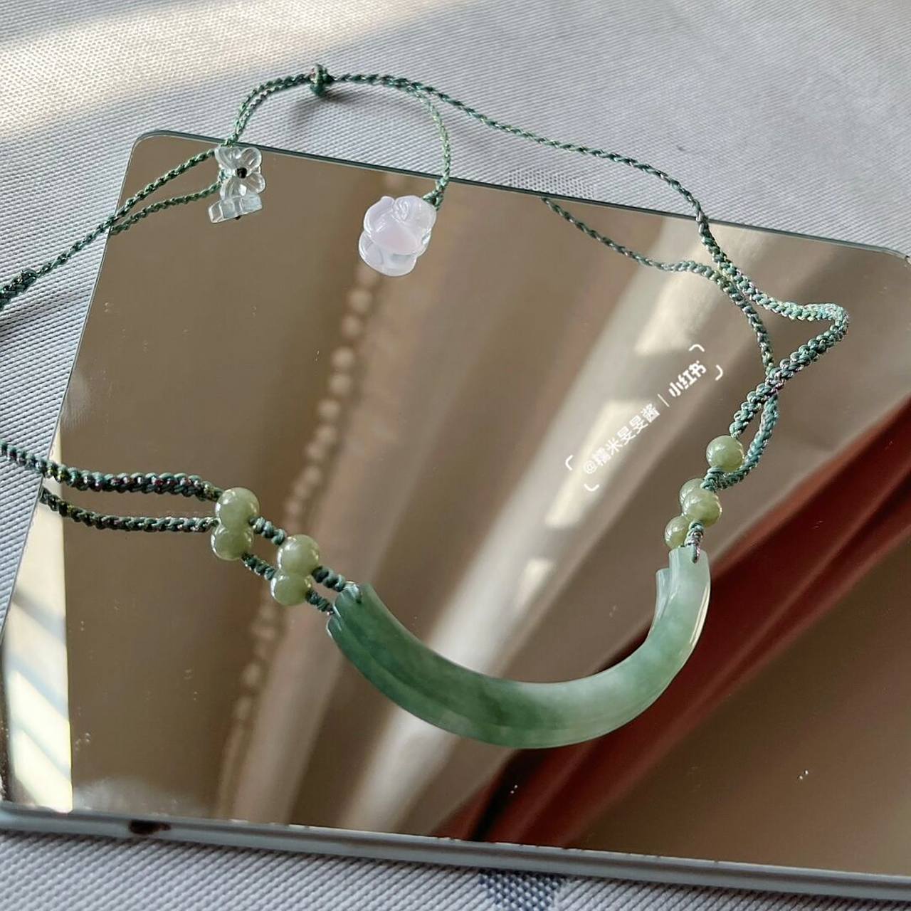 古韵国风 | 翡翠玉衡编绳项链 搭配翡翠珠子和粉晶小狐狸 可调节设计