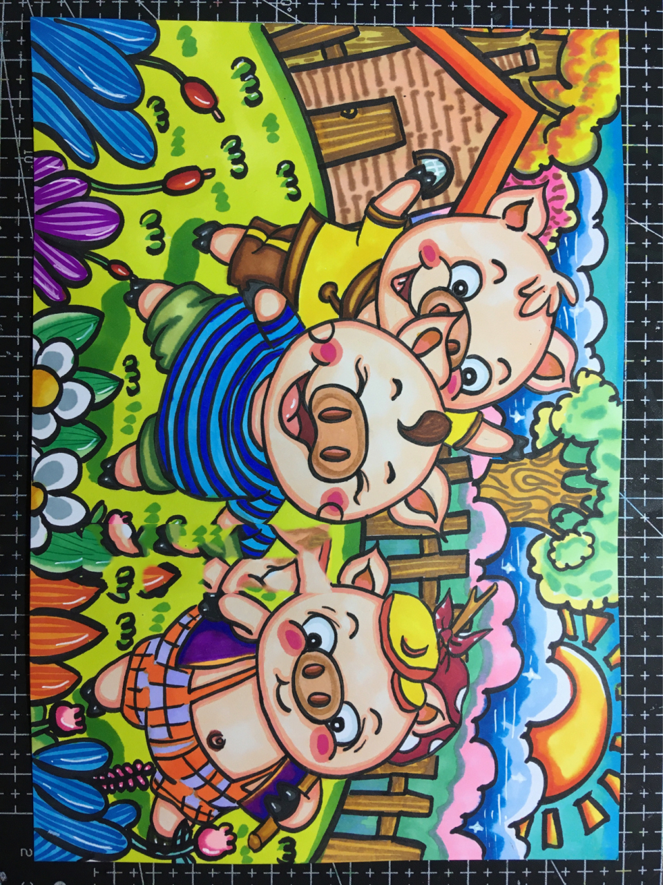 儿童画【三只小猪】故事主题,附线稿图 答应的三只小猪的儿童画来喽