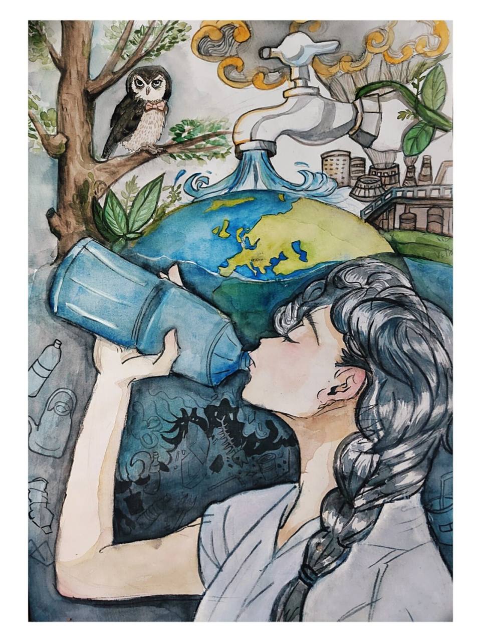 健康饮水,健康你我 主题原创绘画作品 初一下册上交的第一张,等待获奖