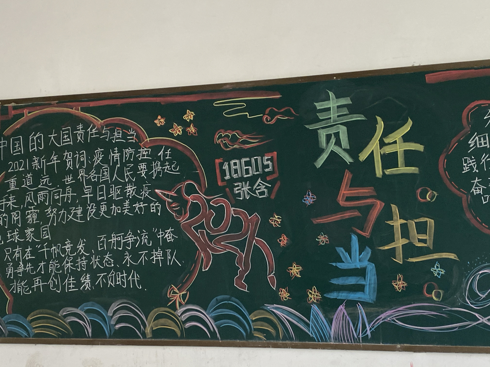 《责任与担当》黑板报 偷了个懒上一期的边框和画没有擦掉就把字擦了