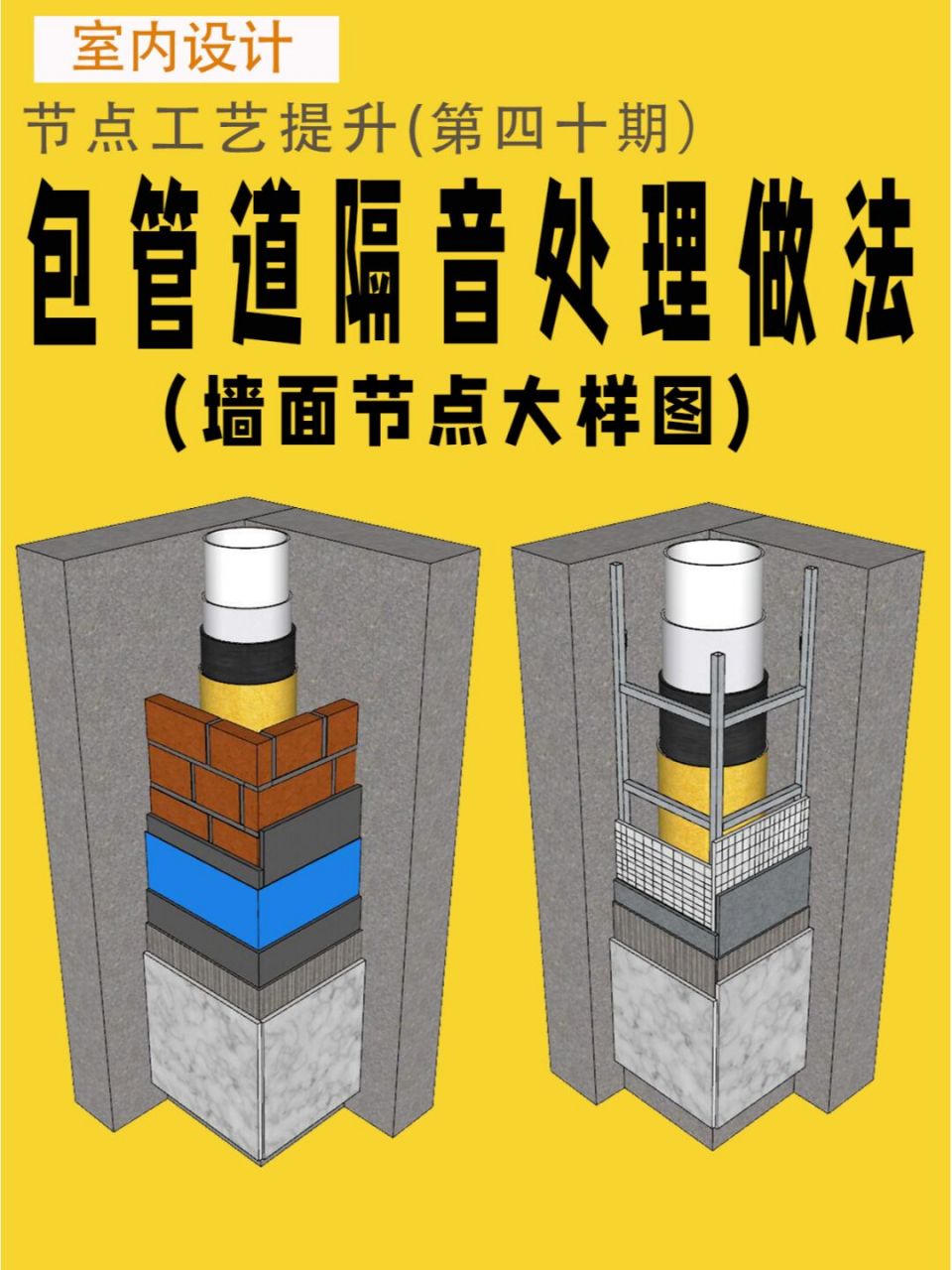 室内施工图包管道隔音处理节点大样图分享 每一个室内空间都存在各类