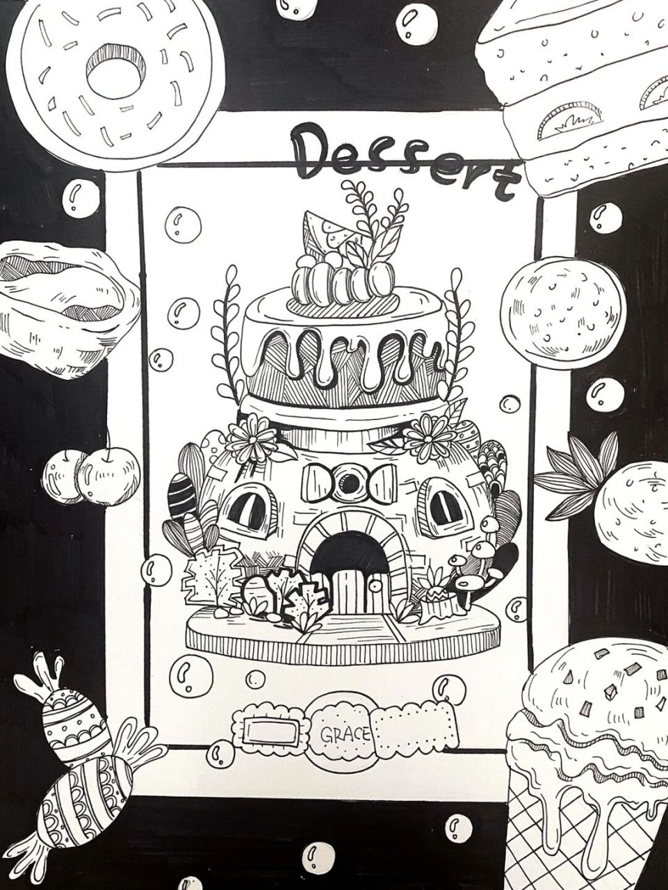 线描蛋糕 #蛋糕# #线描# #黑白线描# #创意线描# #食物线描