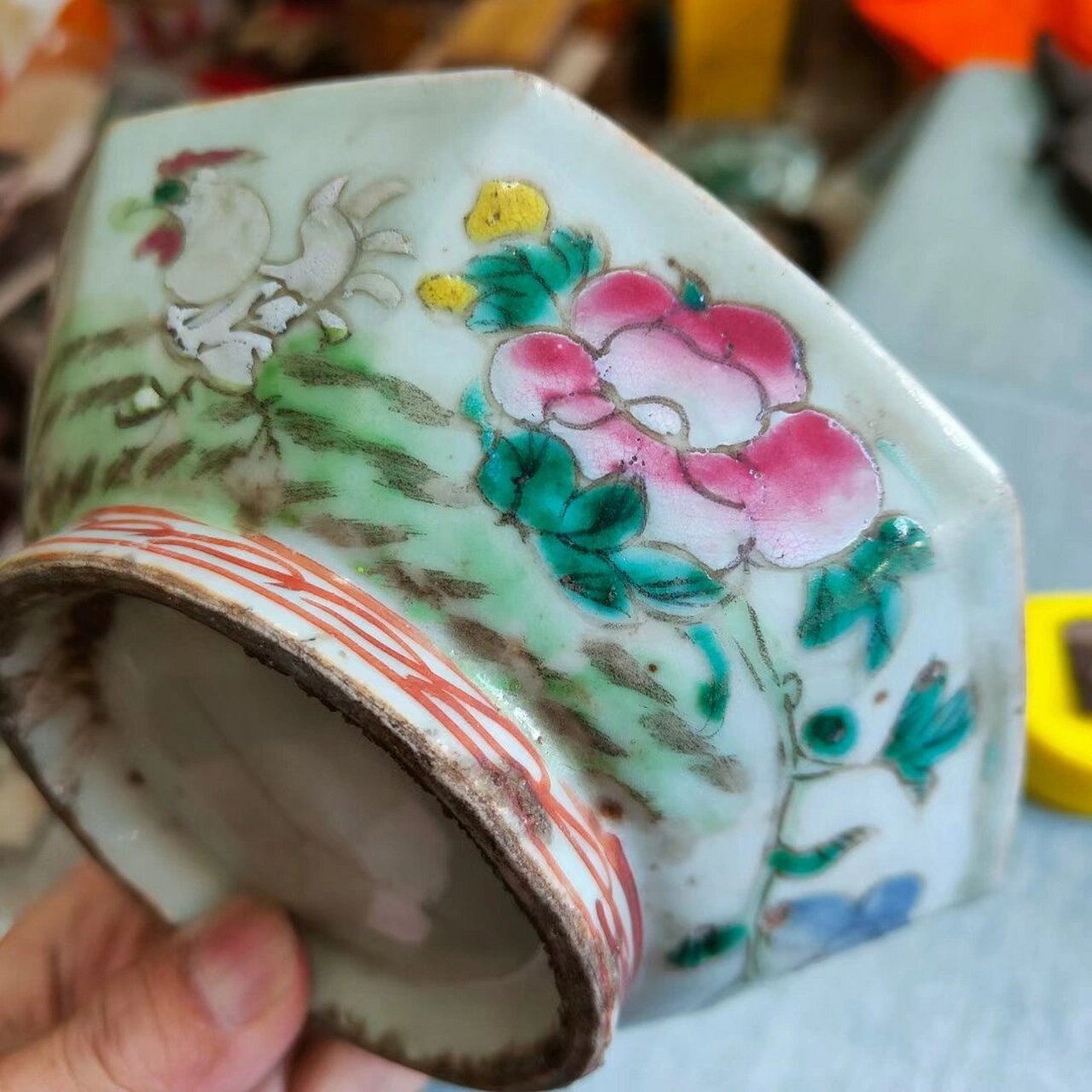 清代粉彩八角碗,冲线瑕疵,150包邮