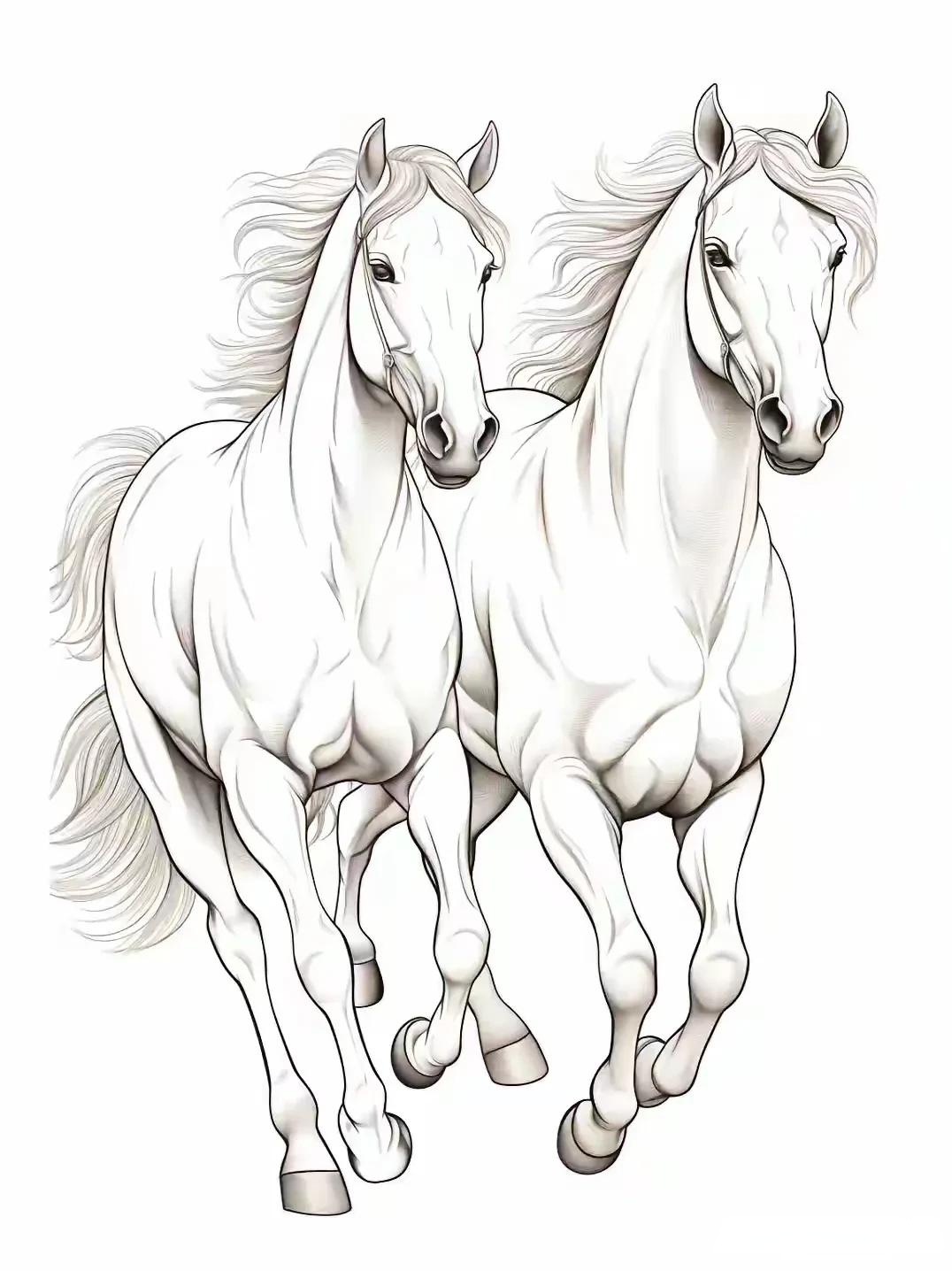 两匹马,一马奔腾,另一匹马在追逐.