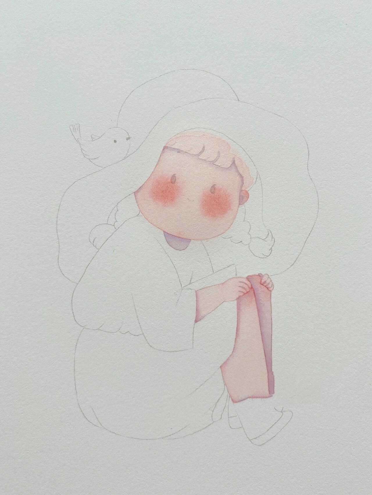 森系水彩插画 胖胖的小女孩 临摹团练课 水彩手绘人物 软萌少女插画