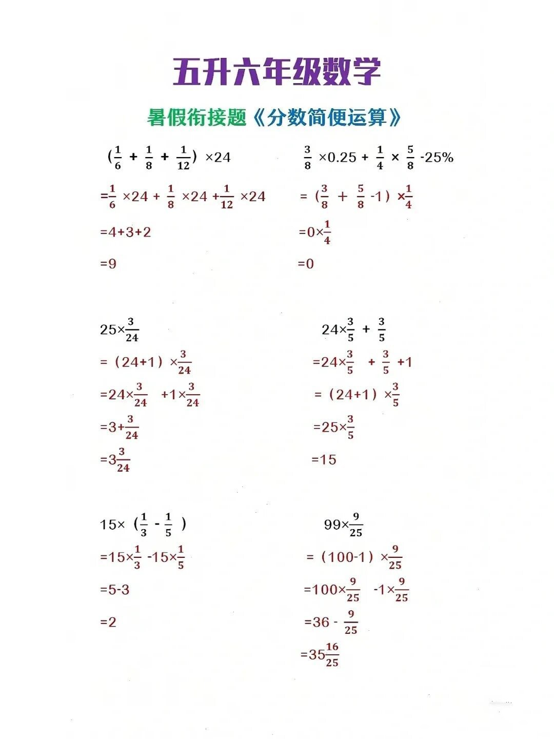 六年级上册数学分数简便运算