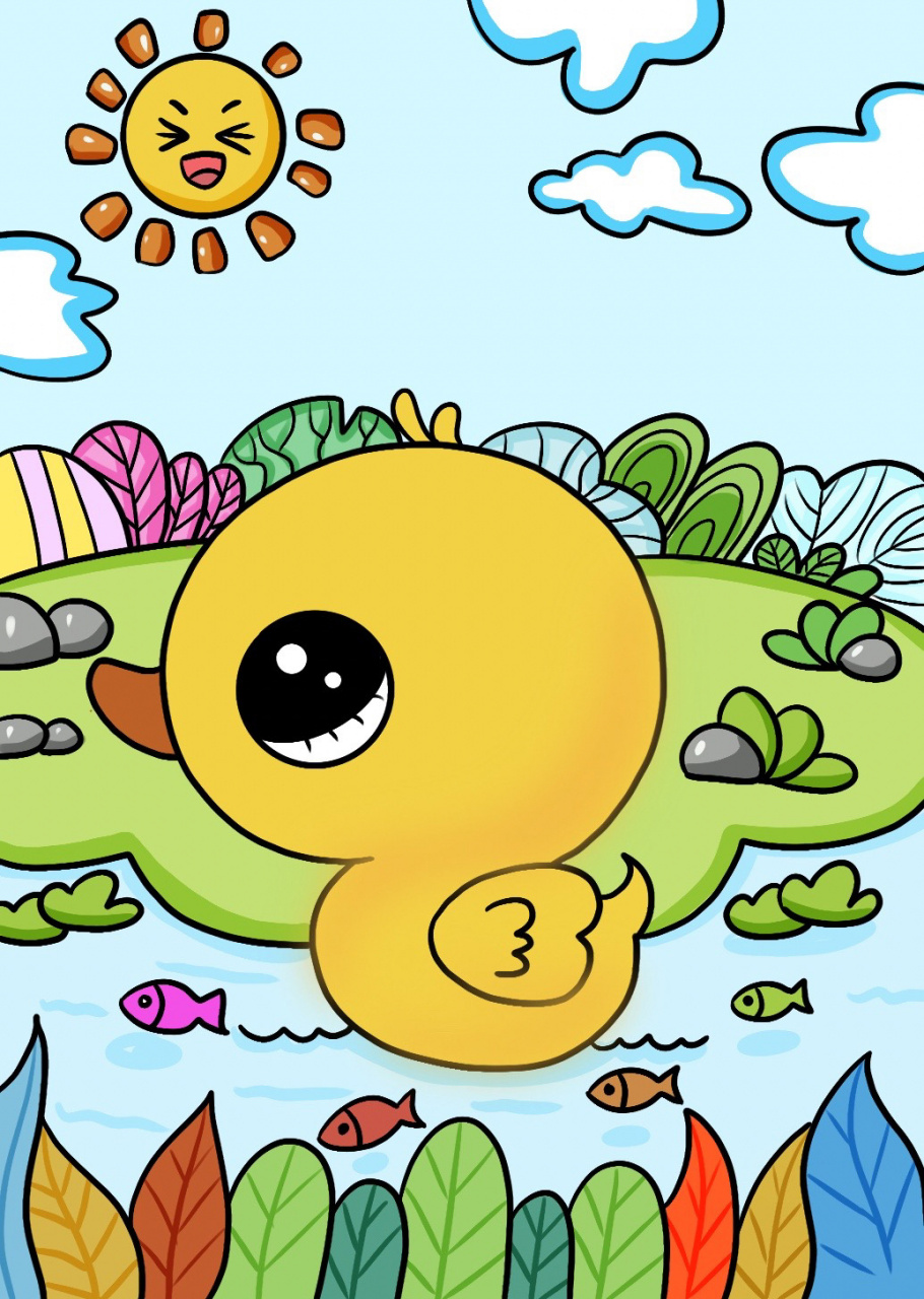 小鸭子儿童绘画 简单池塘儿童画