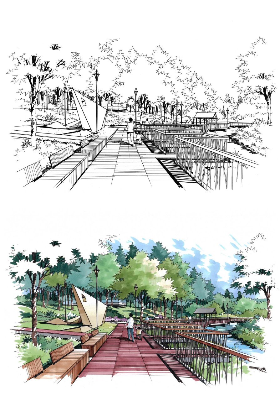 考研手绘|滨水公园景观手绘效果图 环艺景观马克笔手绘效果图,可灵活
