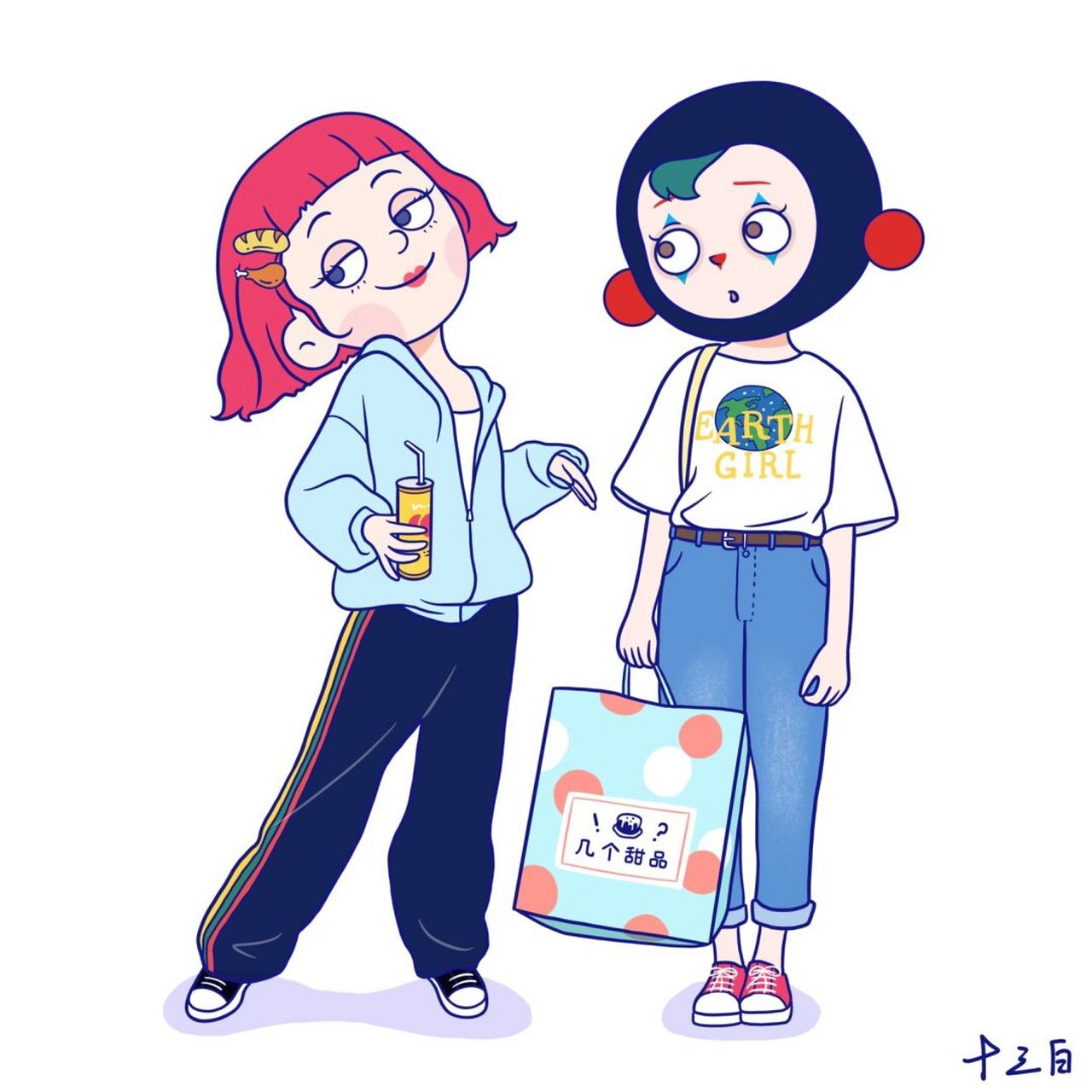 原创插画|闺蜜头像|确诊"双重人格". 快乐时候是馋猫,失落时候是小丑.