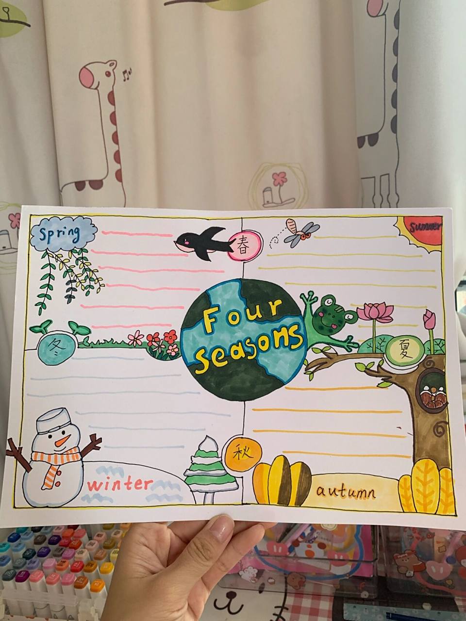 英语手抄报四季春夏秋冬主题线稿简笔画 临摹于