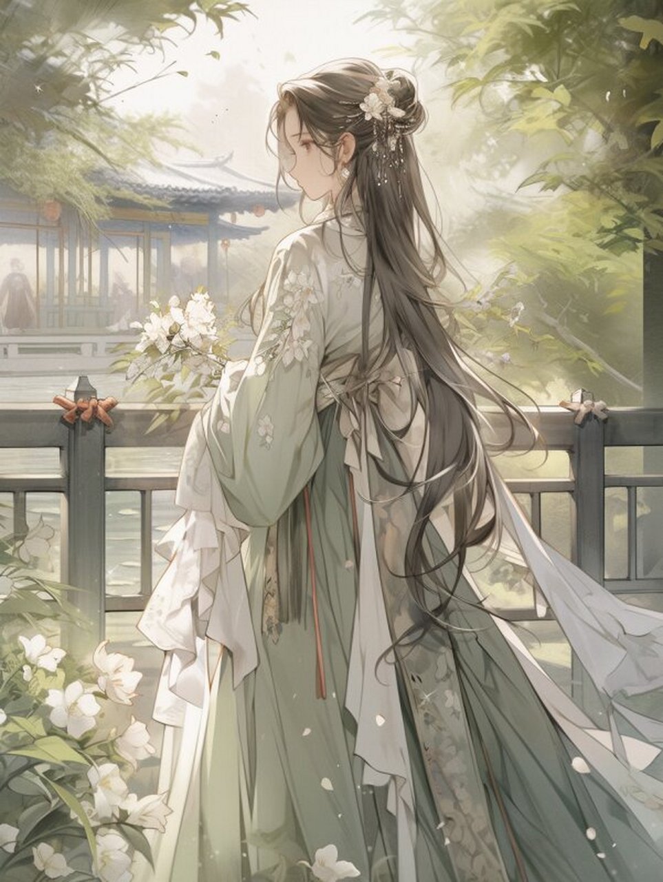 回眸一笑百媚生-古风美女系列 一位穿着汉服的女子,站在古风庭院中
