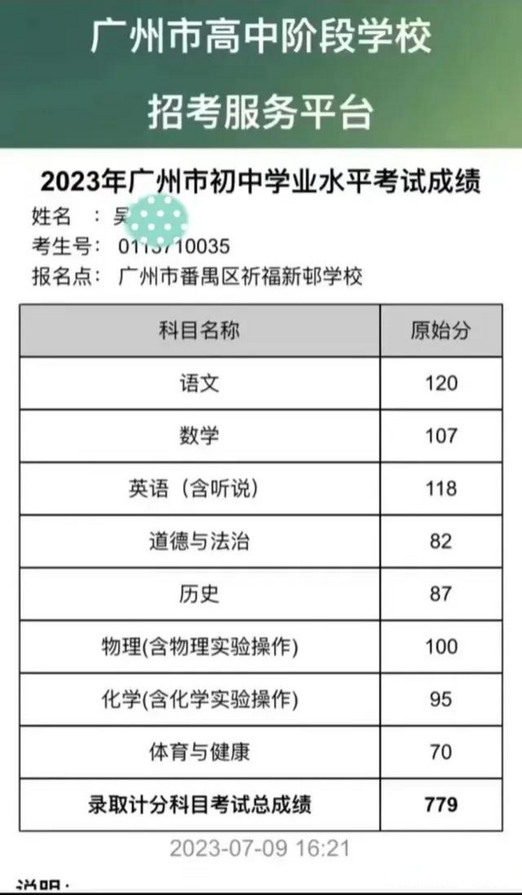2023年广州市中考,番禺区中考状元779分,语文满分,物理满分.