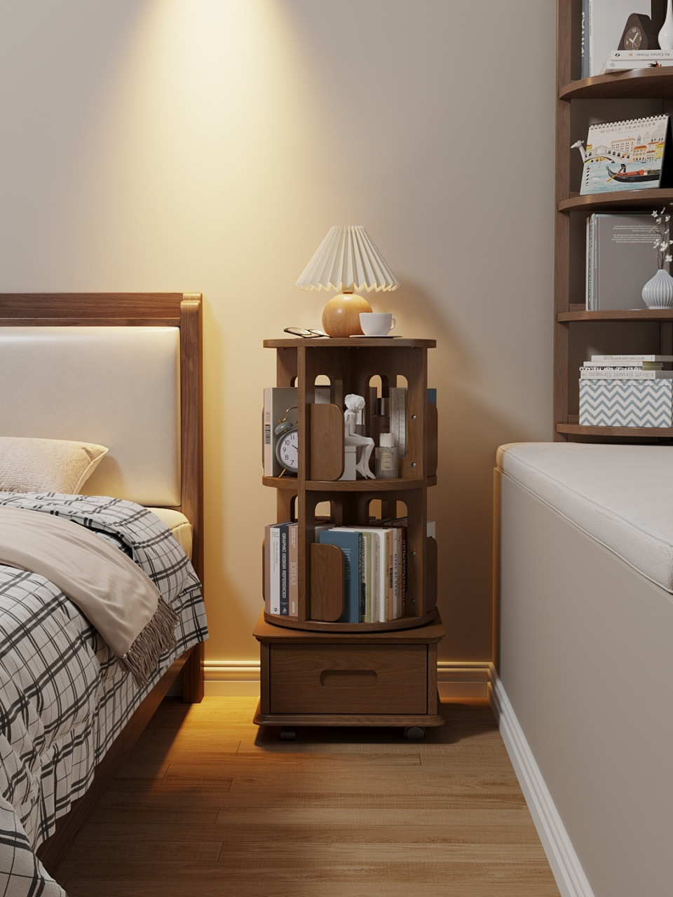 在床头放置一个可移动可旋转的书架真的好棒 床头不只是用来放床头柜