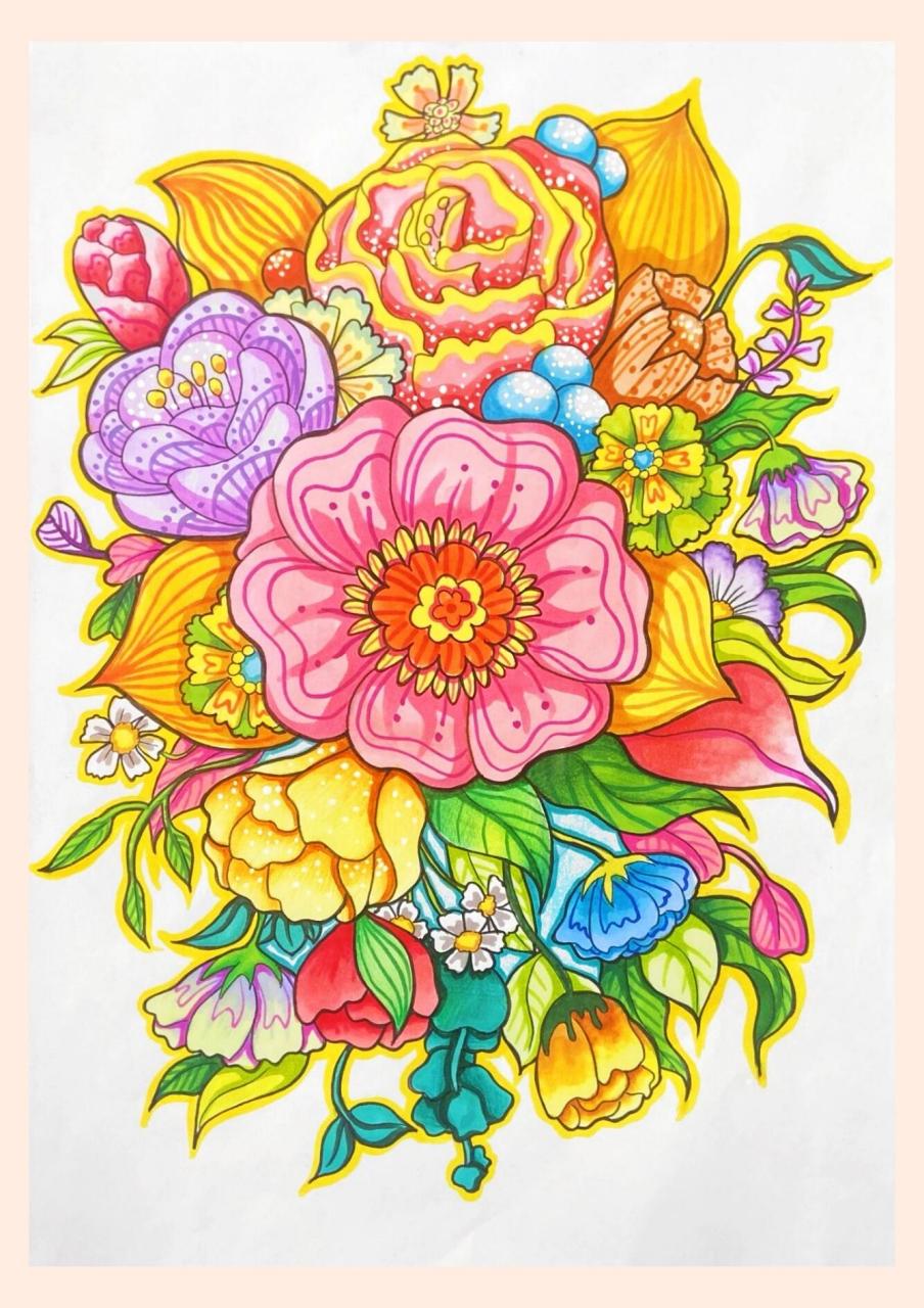 【160】马克笔装饰画《花》 94一张关于花卉的很美的组合作品,很多