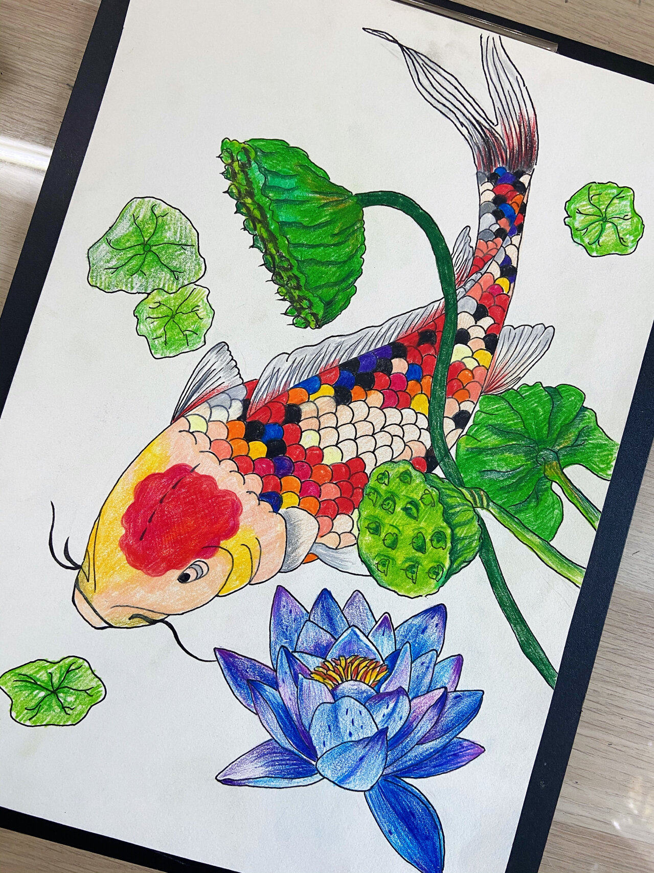 🐟鲤鱼画锦鲤鱼彩铅画线描画儿童创意美术