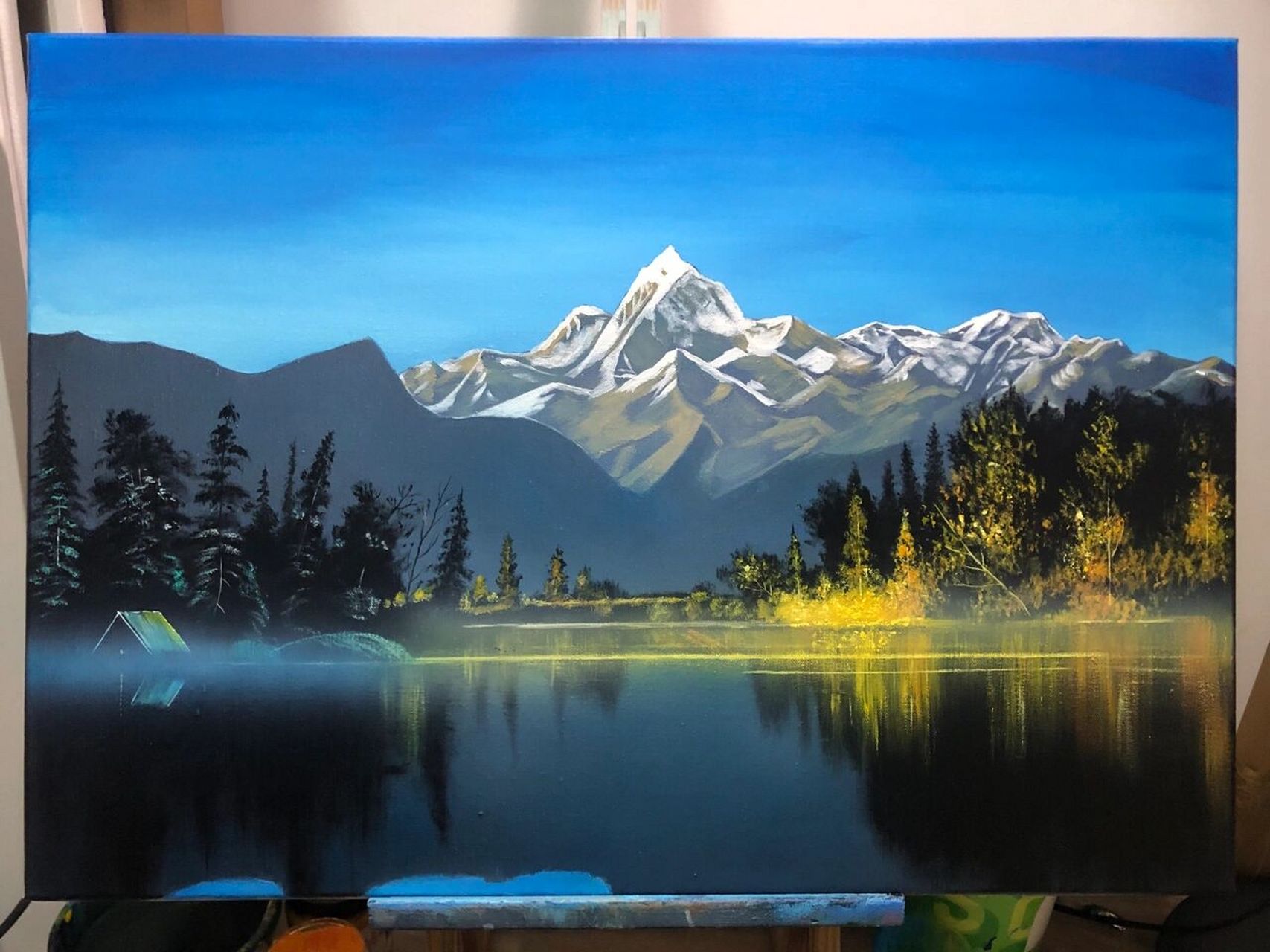 丙烯风景画油画雪山星空湖泊步骤 教程来了! 1.