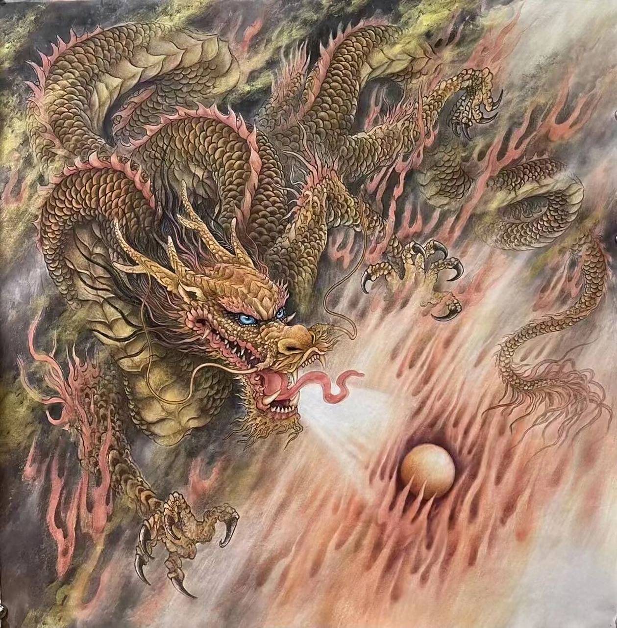 国画龙 神圣庄严 威武霸气 陈念岗画龙很注重气氛的渲染,这种氛围的