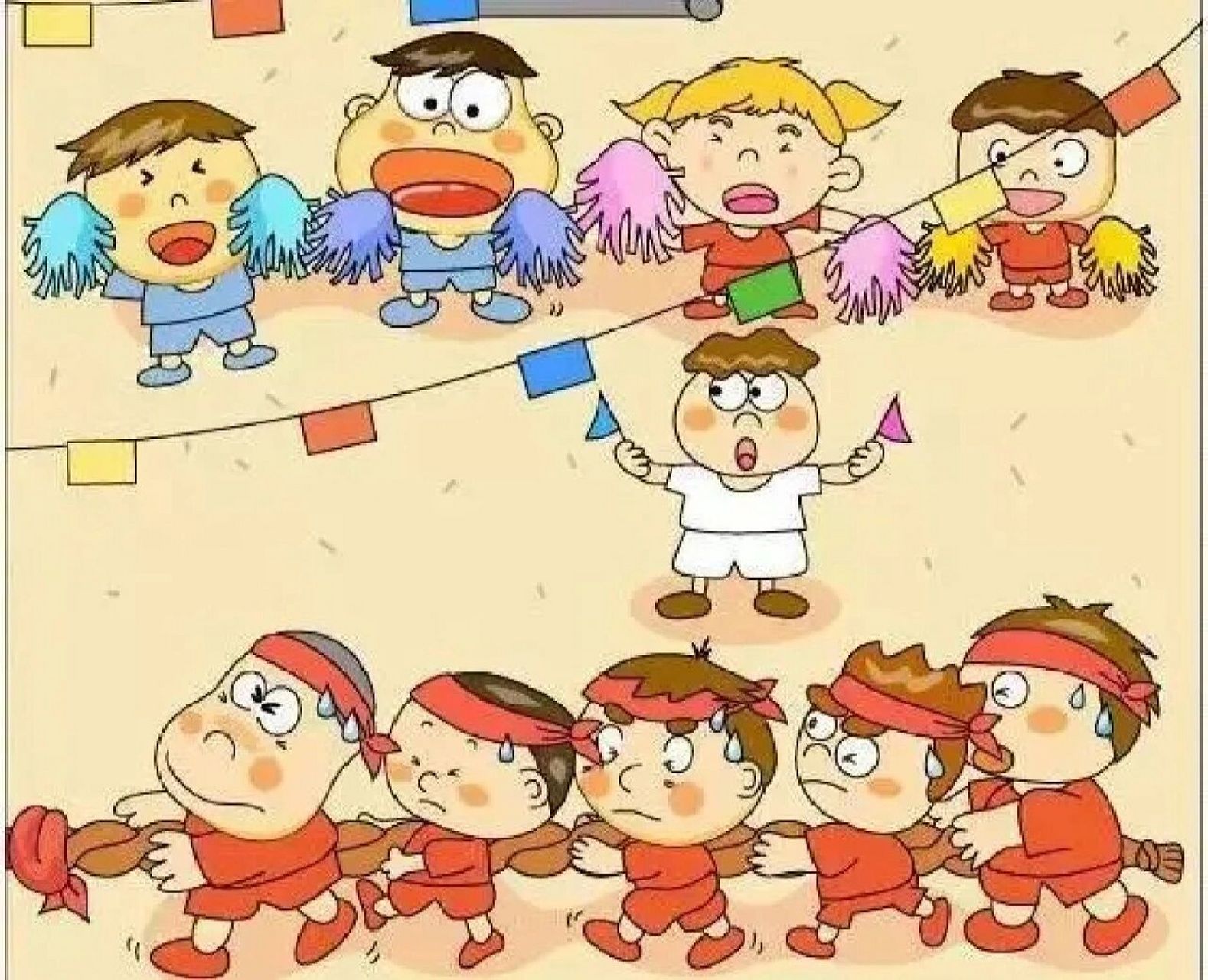 看图写话 拔河比赛 阳光明媚的一天,朵朵白云在天空中散步,小鸟在叽叽