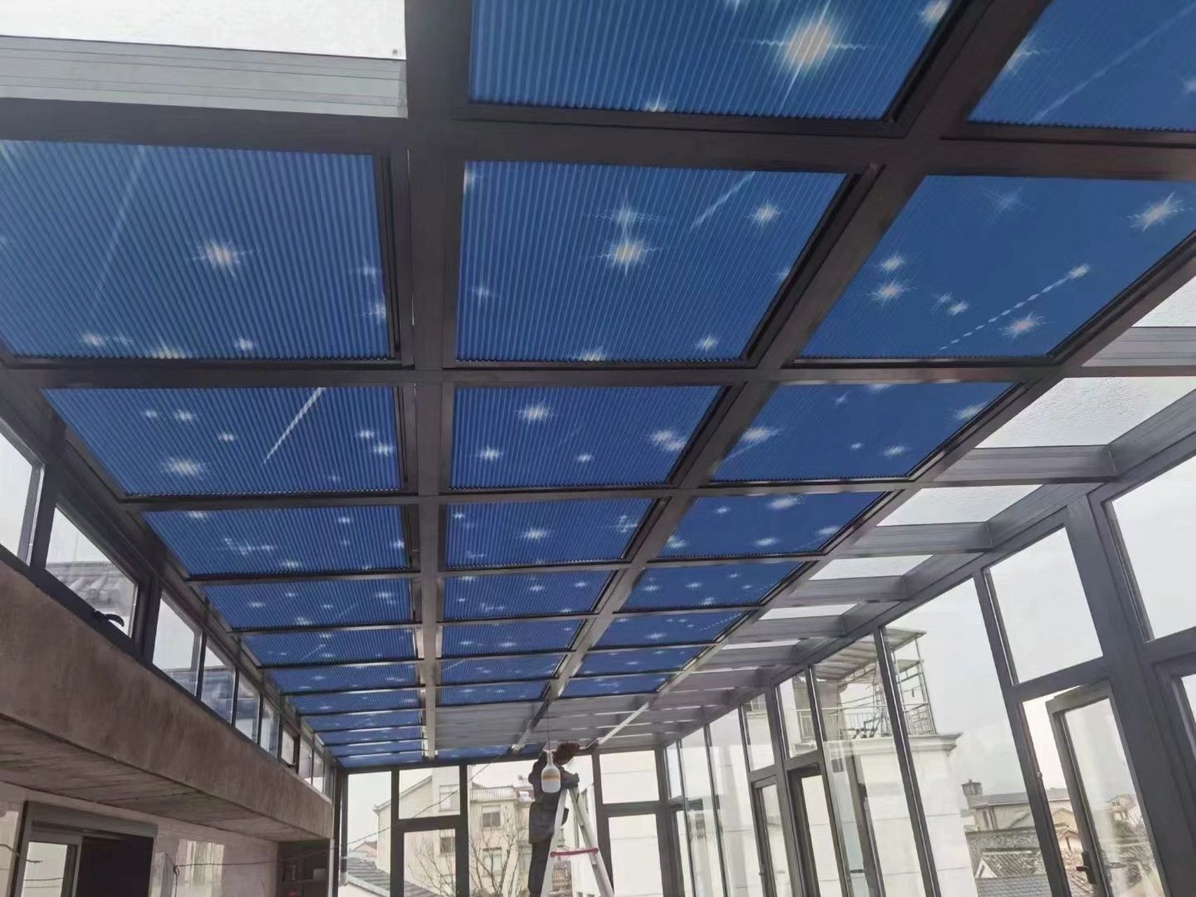 玻璃阳光房遮阳顶帘电动天窗蜂巢天蓬帘阁楼隔热窗帘天棚遮阳帘 玻璃