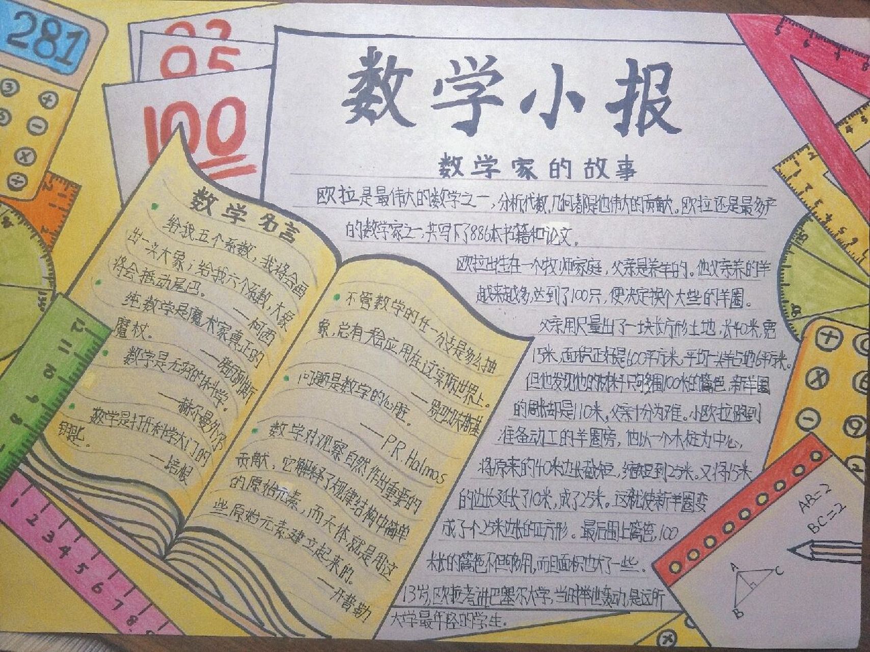 暑假作业→→数学手抄报 临摹自:球球老师 来交差啦 绘画用品:a4纸