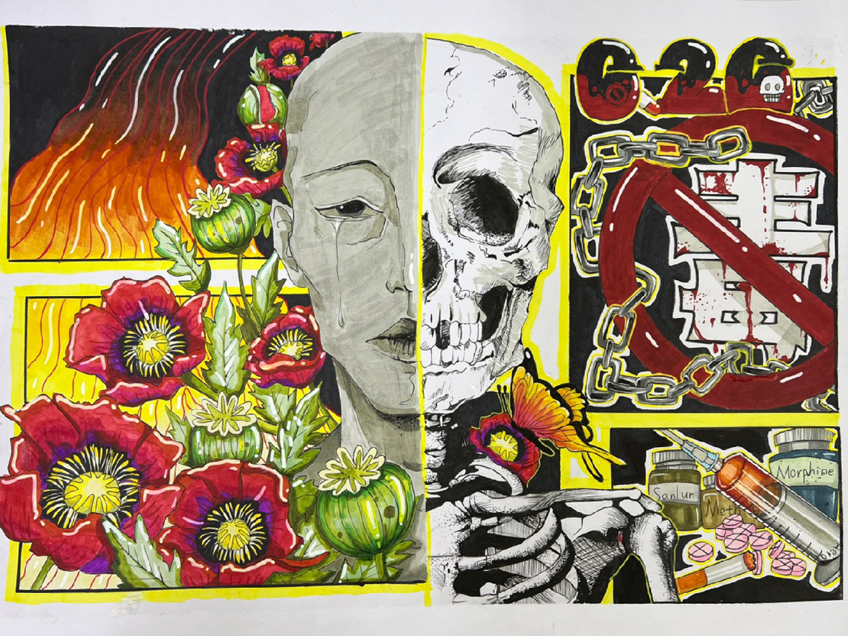 禁毒宣传主题绘画 偷懒的我又来分享几张学生参赛作品啦～ 图一为初二