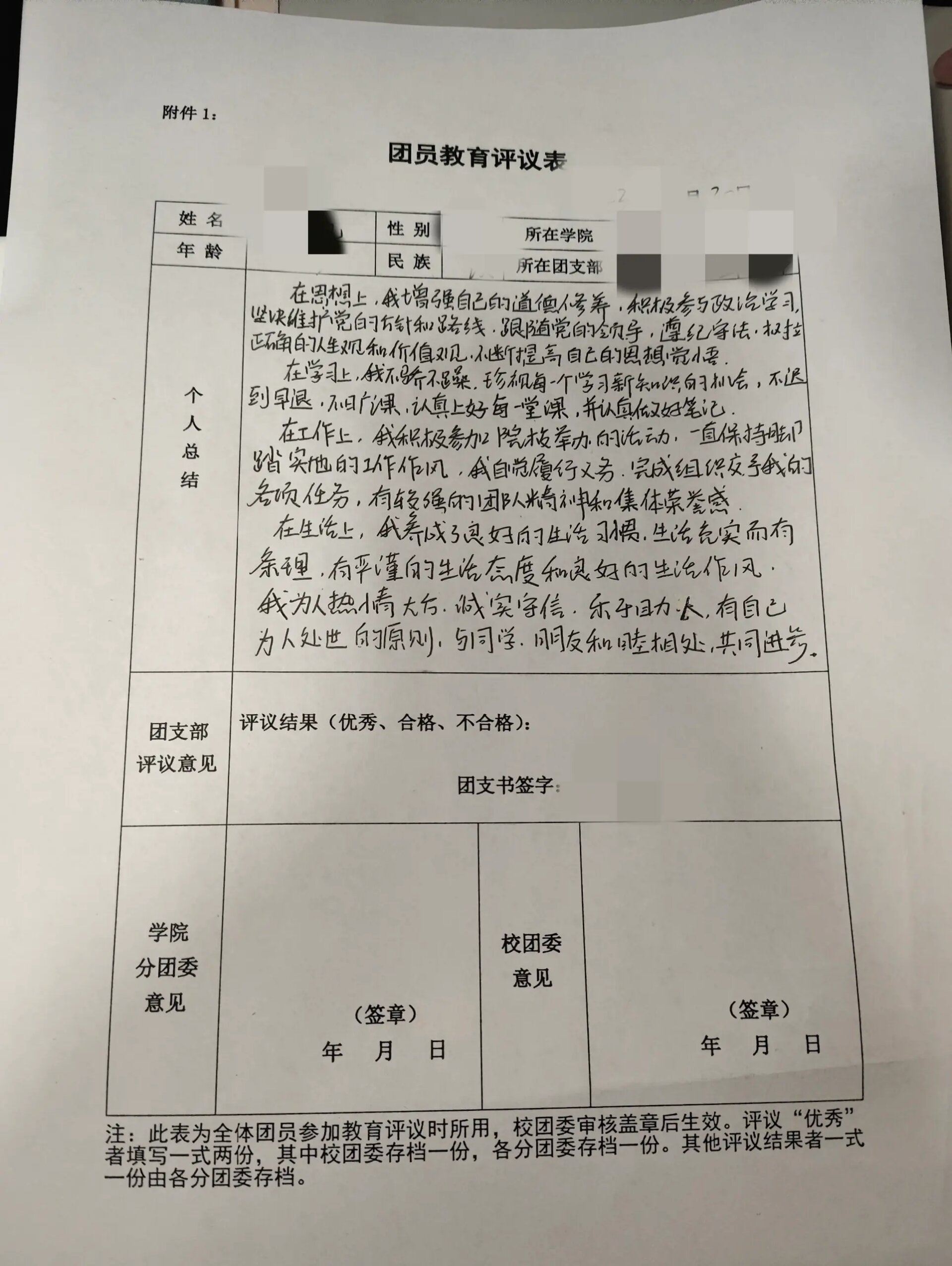 团员教育评议表