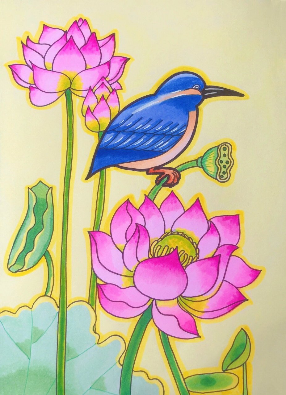 《荷花与翠鸟》 临摹 老师的作品 老师是用油画棒完成的 我用的马克笔
