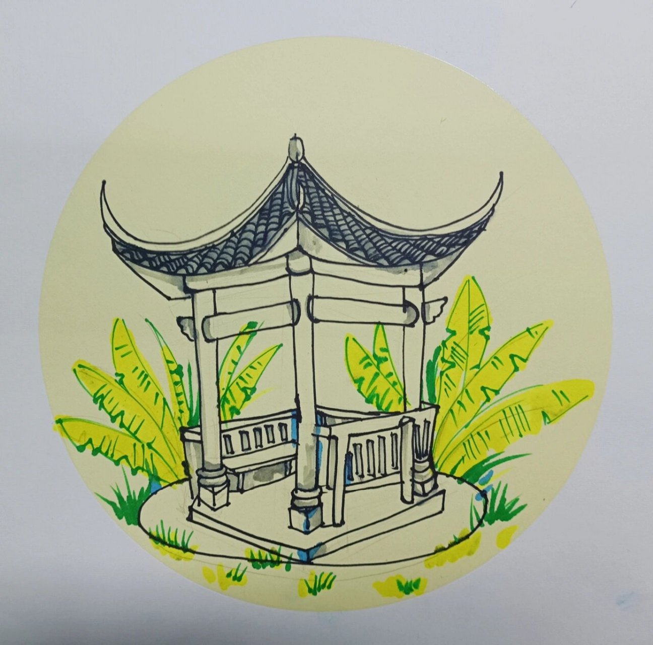 户外写生儿童画《凉亭》