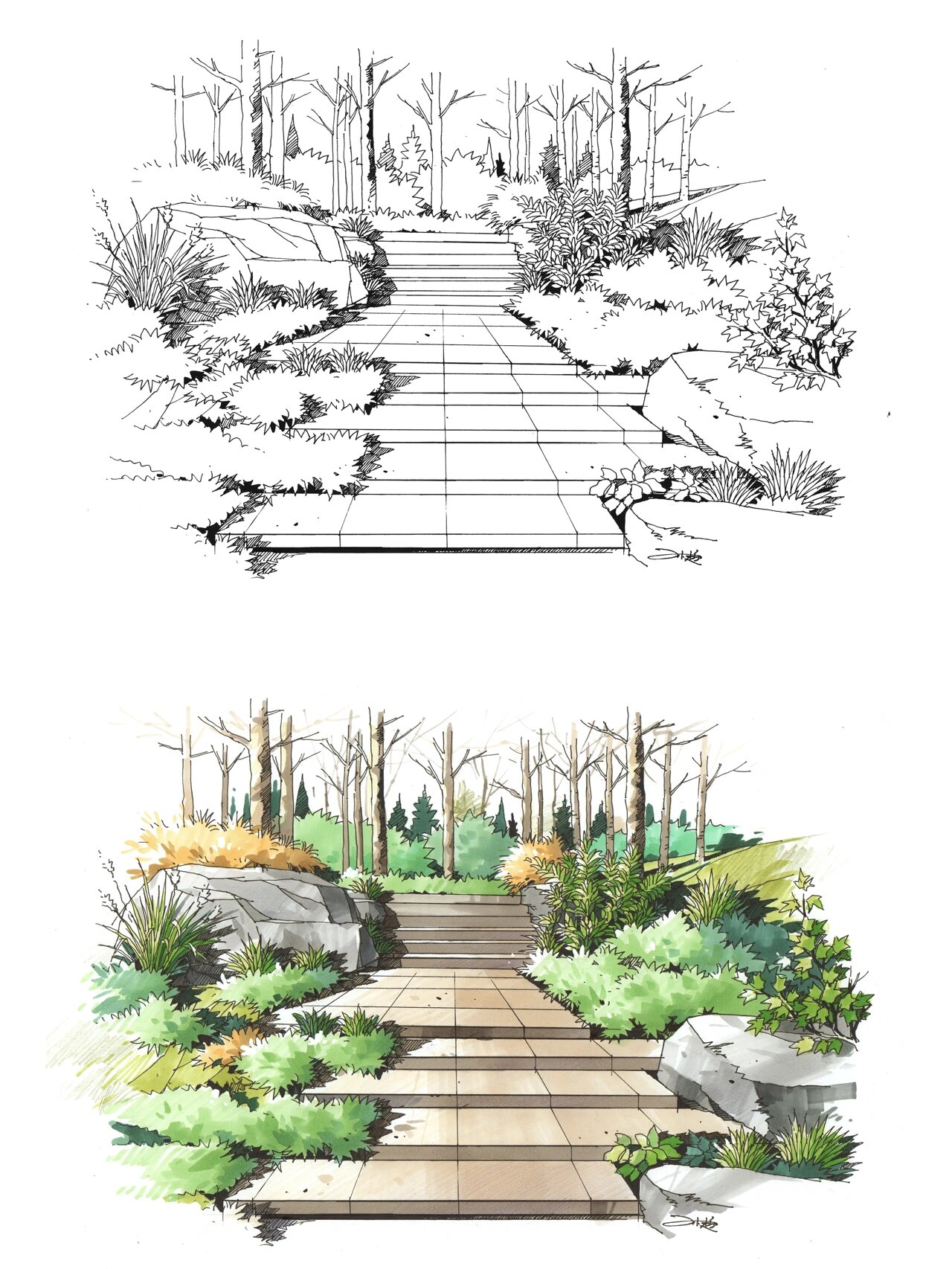 园林景观小场景手绘效果图