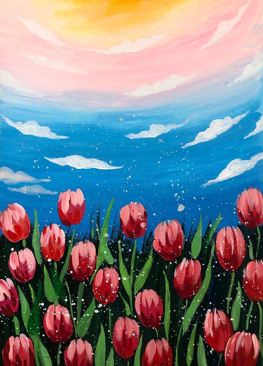简单儿童水粉画风景画《浪漫郁金香》 这副郁金香很多人画过,很漂亮也