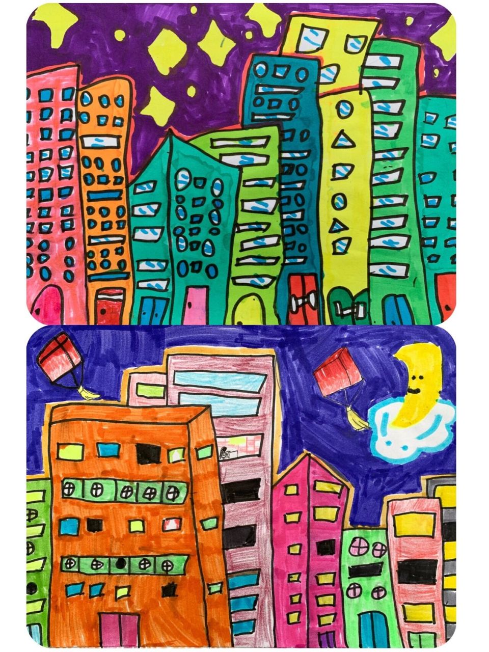 二年级·下册《画夜景》学生作品 96二下比较简单的一节课,让孩子把