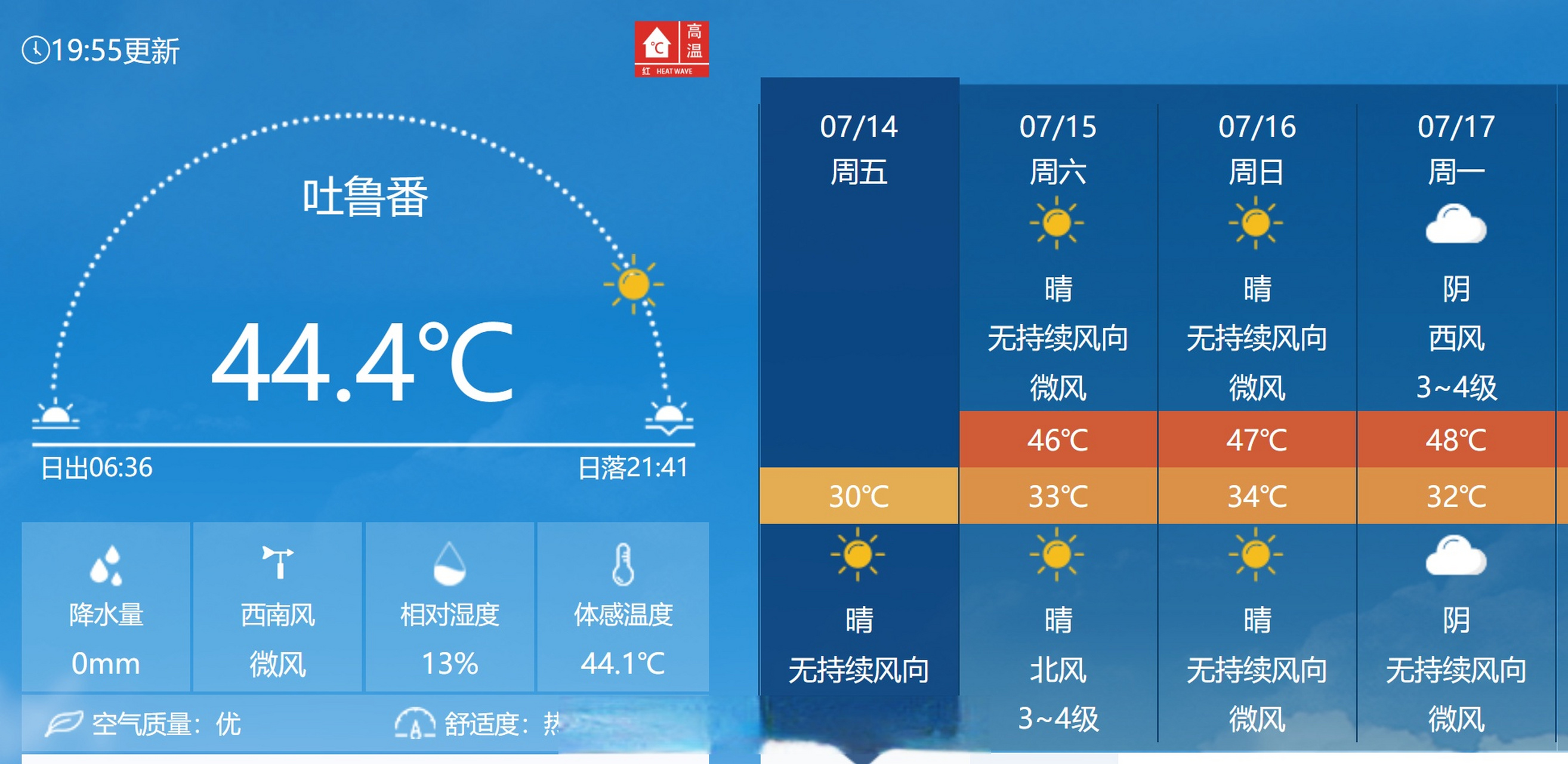 高温# 晚上8点,吐鲁番气温仍然高达44度,7月15-17日还将迎来一波非常