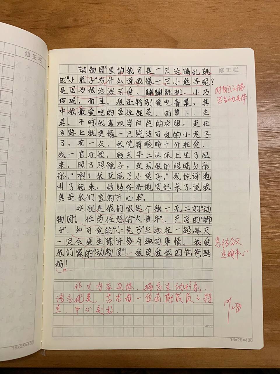 黄牛,小兔子,齐聚在一起的小小动物园,老师点评也很棒 四年级单元作文