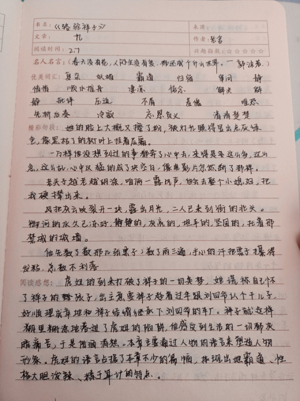 手写《骆驼祥子》读书笔记 《骆驼祥子》第九章读书笔记