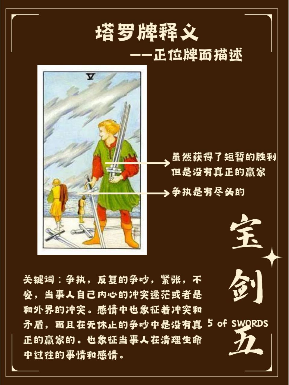 塔罗牌释义——宝剑五正逆位解读 97正位:多人群体中出现纷争,纠纷