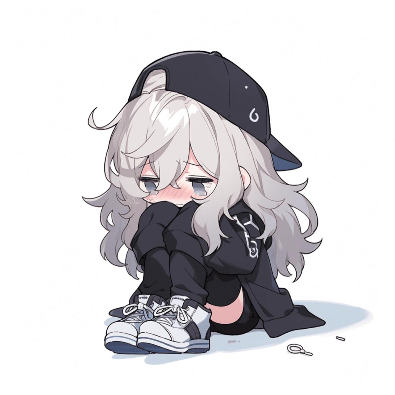 93商素材 | 抱腿哭 动漫女头 | ai头像 | 黑白少女| 黑色运动服