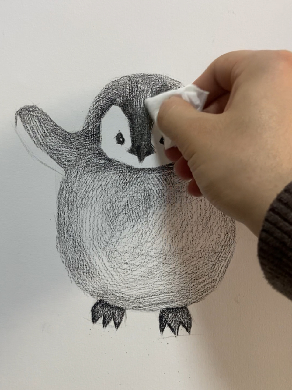 教学重点:企鹅的最外层毛发要用削尖的笔轻轻扫出来.